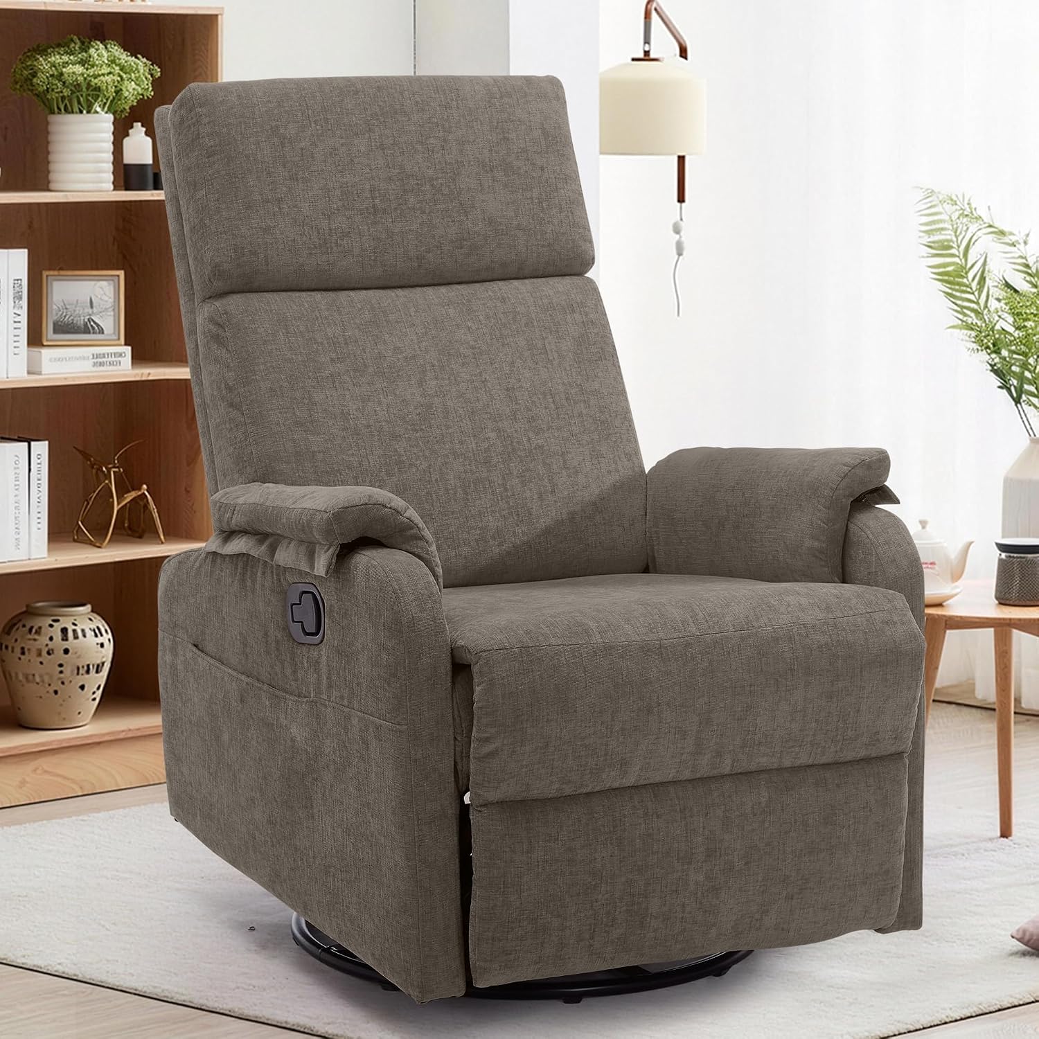 Korser Recliner Chair, Swivel Rocking Recliner Chair for Adults, Glider Rocking Chair, Small Nursery Chair Recliner for Living Room, Reclining Chair with Modern-Designed Armrests, Chenille, Brown
