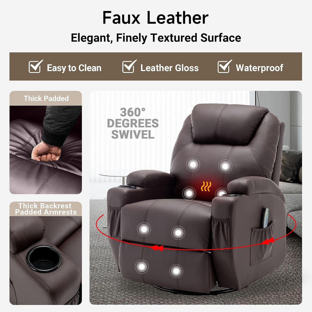 Korser Recliner Chair, Rocker Recliner Chair with Massage and Heat, Manual Recliner Chairs for Adults, 360° Swivel Rocker Recliner with Remote Control and Cup Holder for Living Room, Nursery