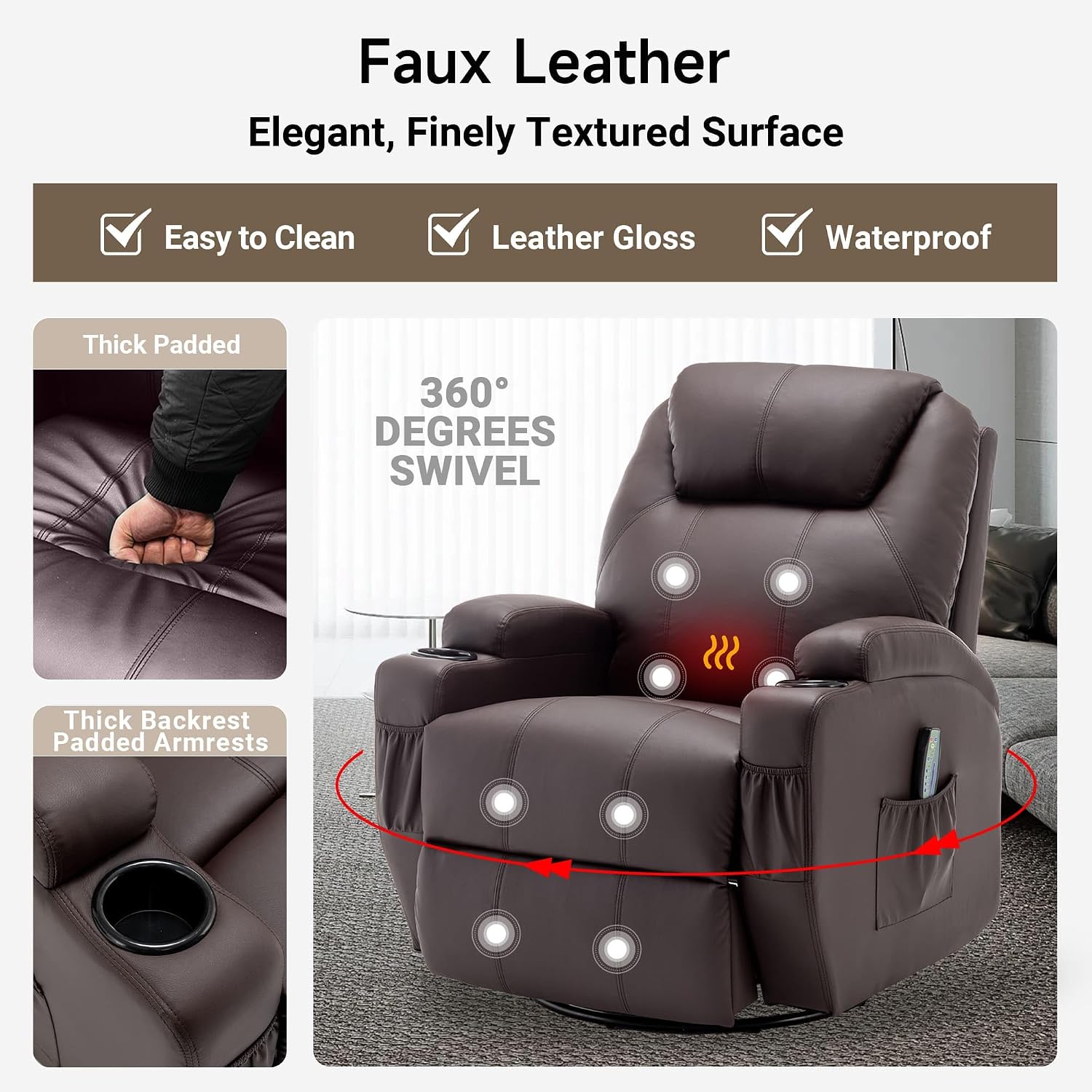 Korser Recliner Chair, Rocker Recliner Chair with Massage and Heat, Manual Recliner Chairs for Adults, 360° Swivel Rocker Recliner with Remote Control and Cup Holder for Living Room, Nursery