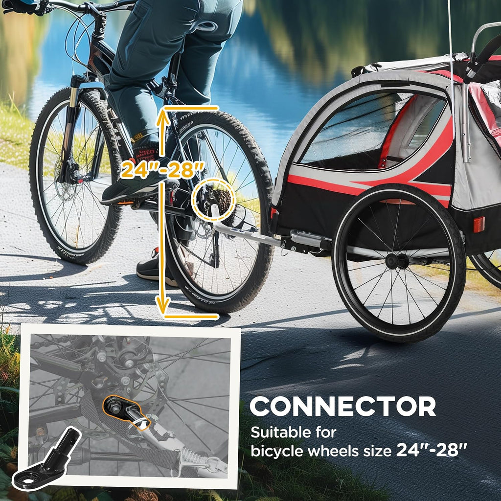 Aosom 3-in-1 Walk/Jog/Ride Child Baby Bike Trailer for Kids 2 Seater, High-Visibility Bike Stroller for Toddler Wagon, Weather-Strong Double Bicycle Trailer Accessory