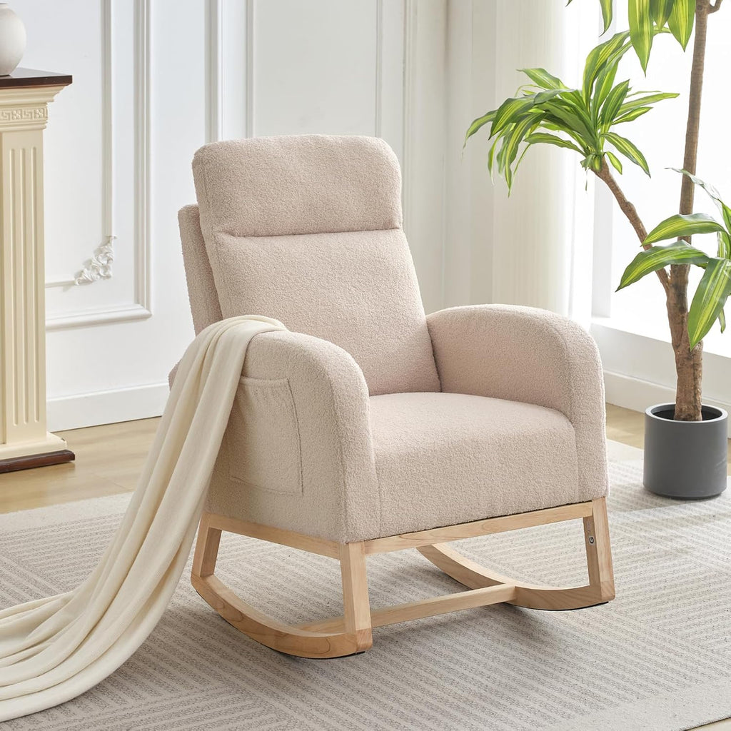 GAOMON Rocking Chair Glider for Nursery, Comfy Rocker Nursery with Side Pocket & High Backrest, Baby Rocking Chair for Breastfeeding, Upholstered Rocker & Living Room, Beige