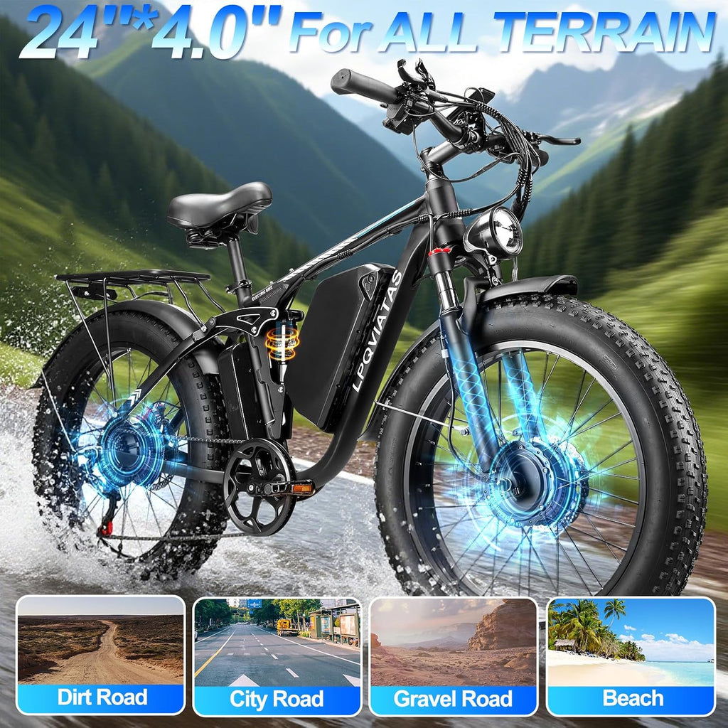 9000W-Peak-Dual-Motor-Ebike for Adults-Women,52V 34AH 1768Wh Battery Full Suspension Snow Mountain Bike,47MPH Fast E Bike,24 * 4.0 AWD Off-Road-Fat-Tire-Electric-Bicycle