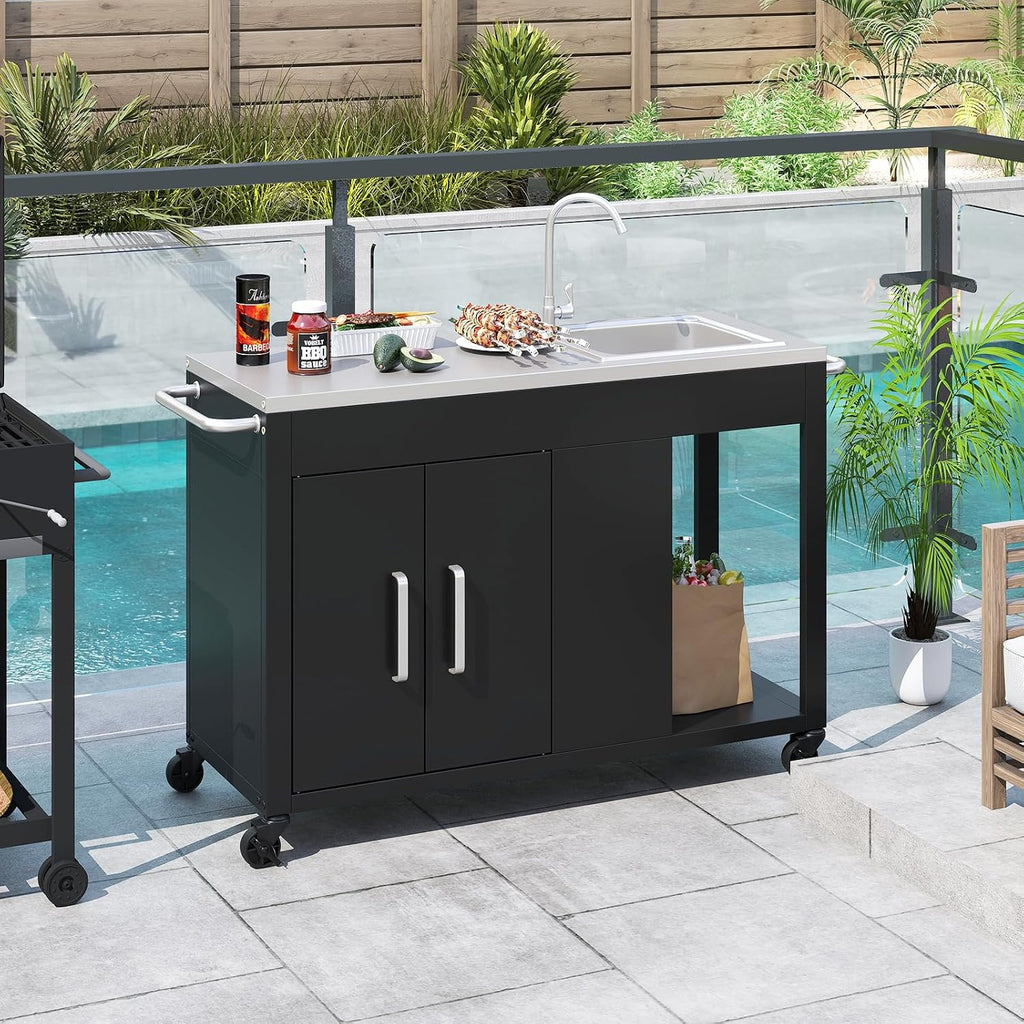 Happygrill 56' Outdoor Grill Table with Sink & Drainage, Heavy Duty Metal Grill Cart with Stainless Steel Top & Storage Cabinet, Outdoor Prep Table with Handles & Wheels for Patio, Garden & Backyard