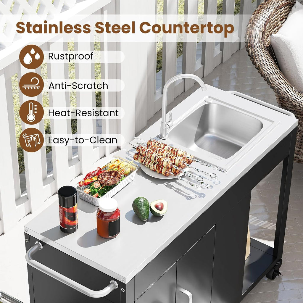 Happygrill 56' Outdoor Grill Table with Sink & Drainage, Heavy Duty Metal Grill Cart with Stainless Steel Top & Storage Cabinet, Outdoor Prep Table with Handles & Wheels for Patio, Garden & Backyard