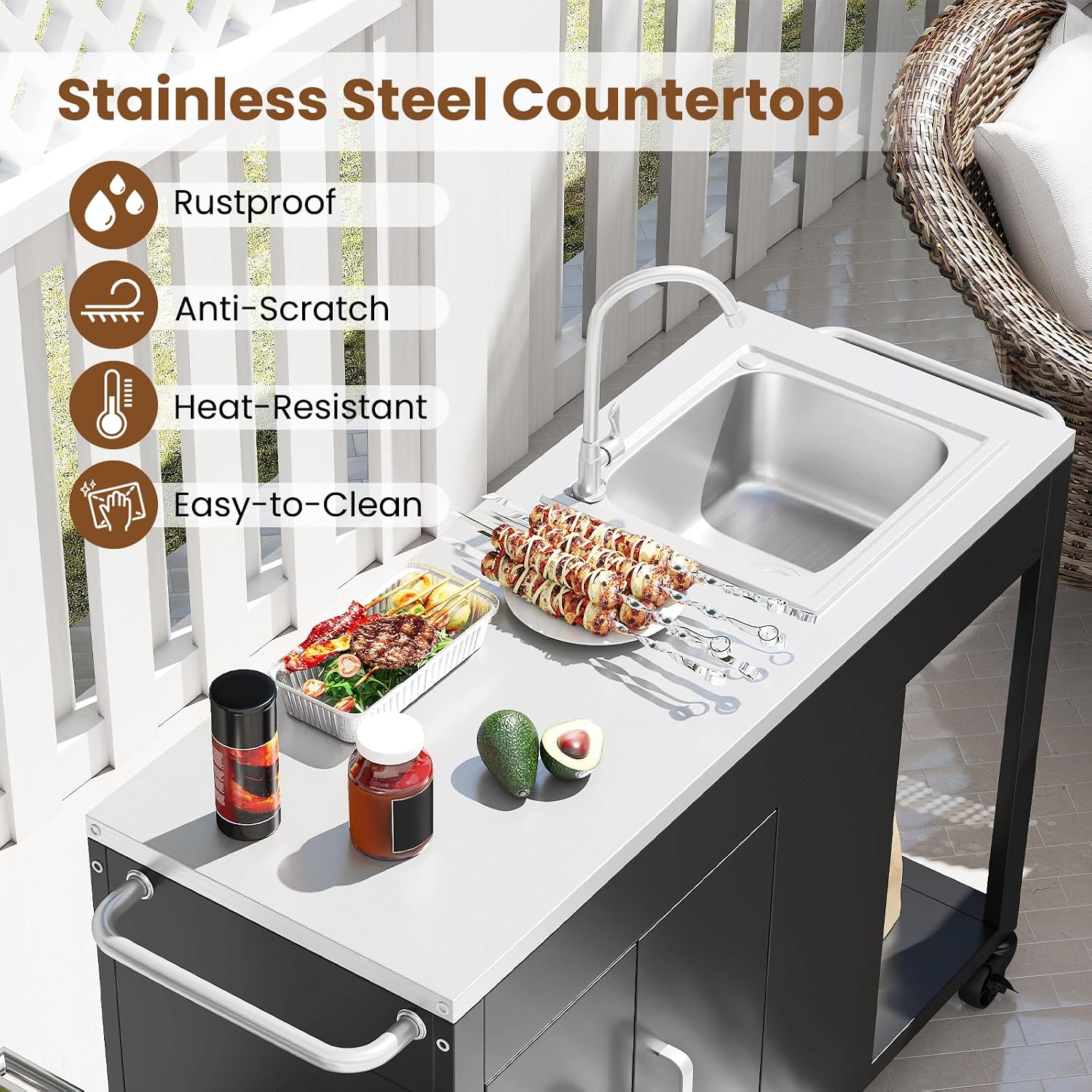 Happygrill 56' Outdoor Grill Table with Sink & Drainage, Heavy Duty Metal Grill Cart with Stainless Steel Top & Storage Cabinet, Outdoor Prep Table with Handles & Wheels for Patio, Garden & Backyard