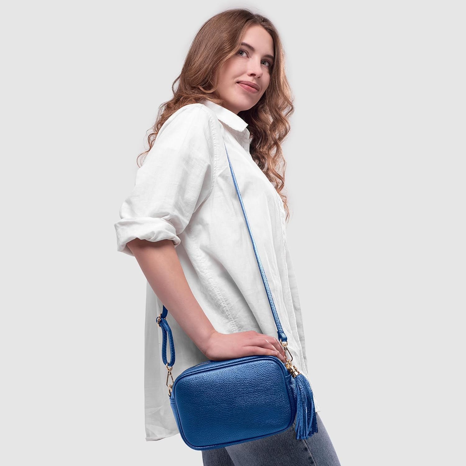Italian Calf Leather Crossbody Bag for Women with Tassel Zipper | Small Camera Purse Shoulder Handbag Pocketbook