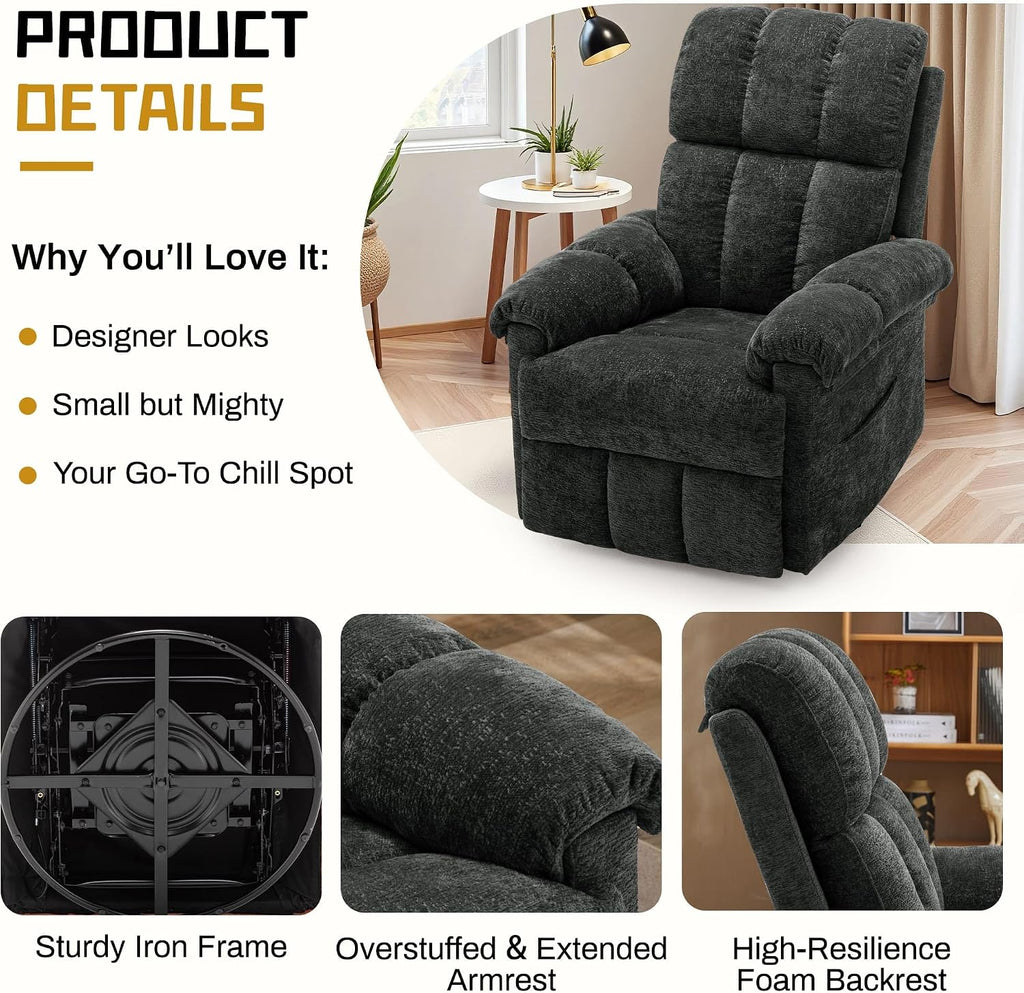 Korser Recliner Chair, Swivel Rocker Recliner Chair for Adults, Small Recliners for Small Spaces, Upholstered Manual Recliner with Side Pockets, Nursery Rocking Chair for Living Room, Chenille, Black
