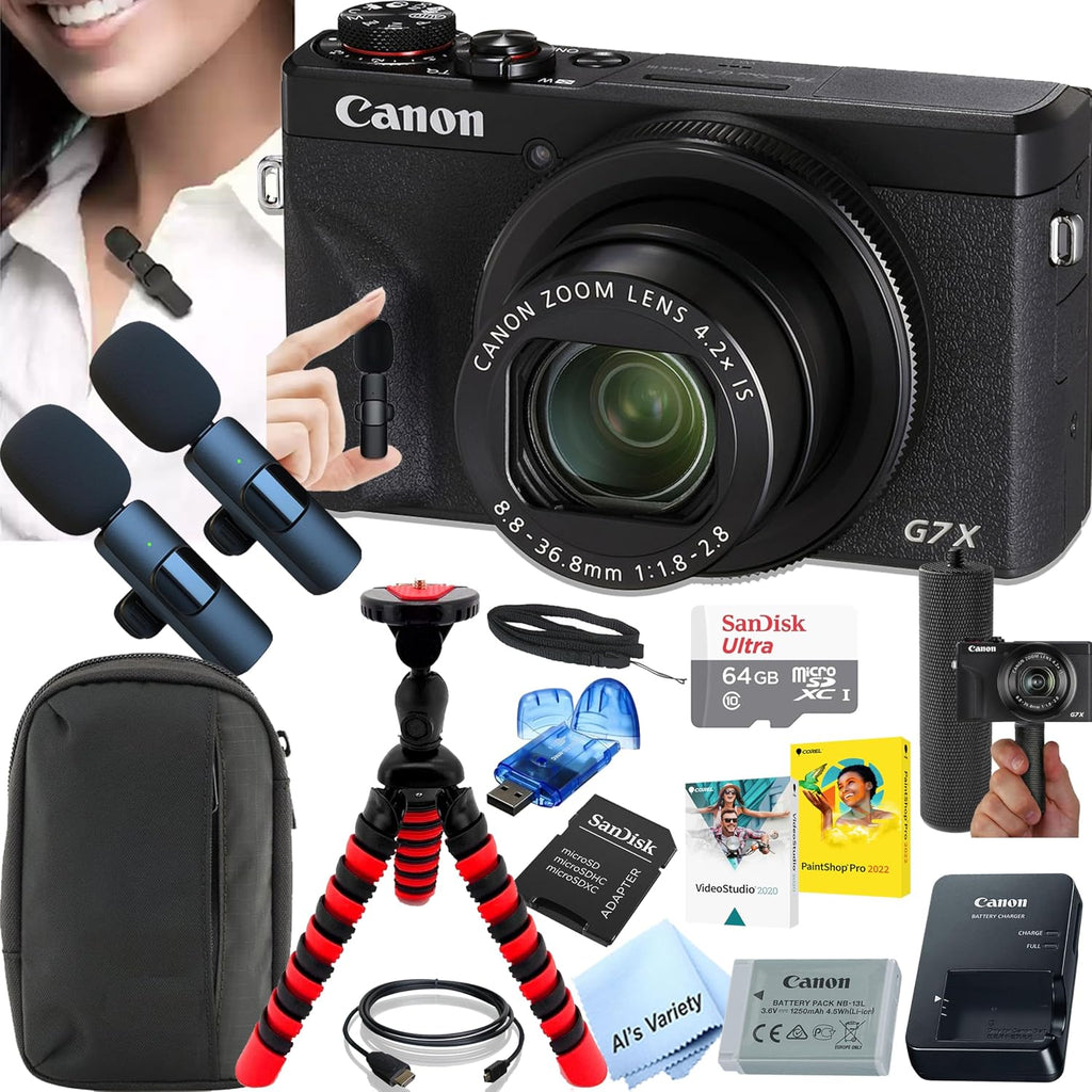 Canon PowerShot G7 X Mark III Digital Camera, Video Kit with Accessories: 64GB Memory, Wireless Microphones,Case, Tripod, Grip, Software, & More (Vlogger Bundle)(Renewed)