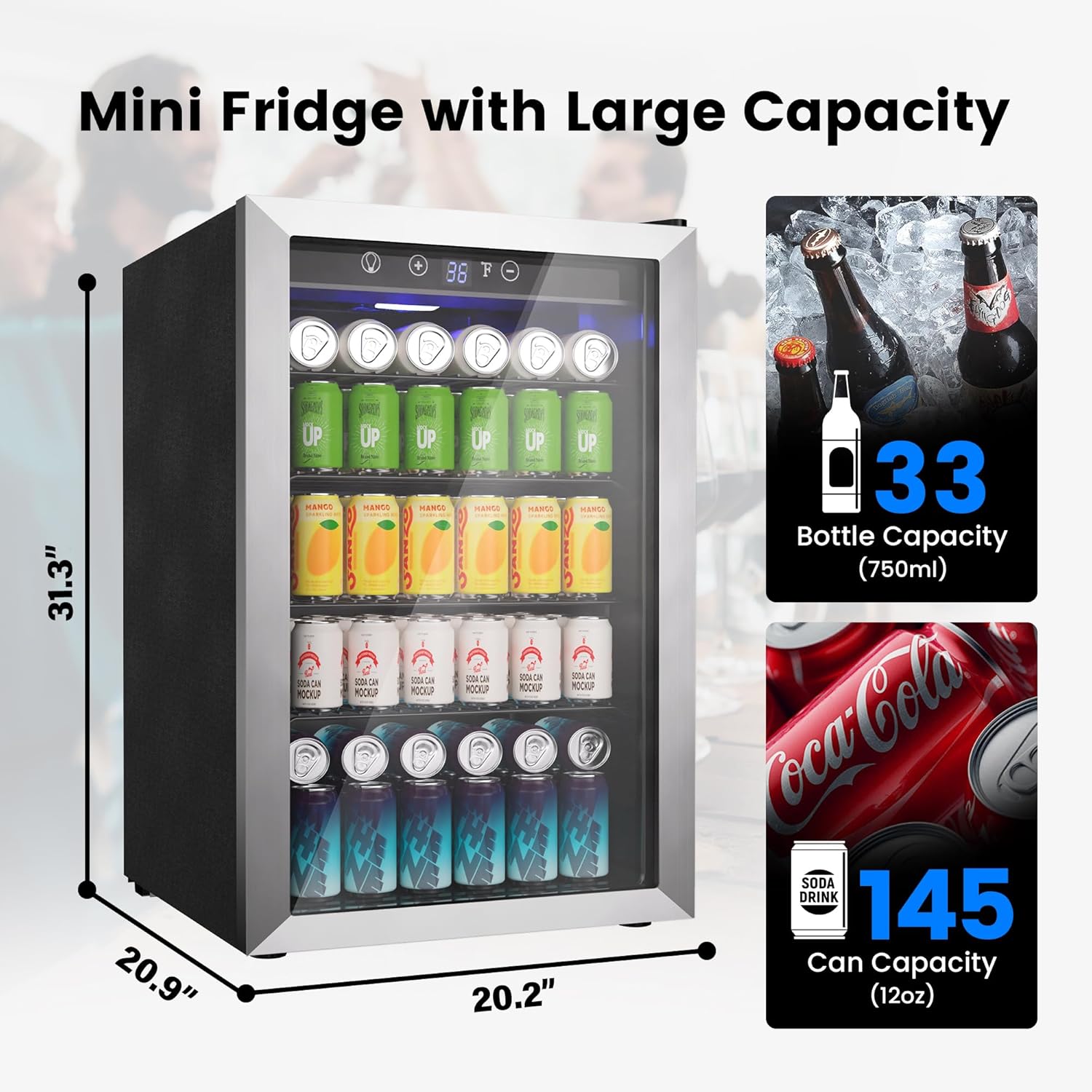 Feelfunn 145 Can Beverage Refrigerator Cooler - 4.5 Cu.Ft Mini Fridge Glass Door, Soda Wine Beer Drink Fridge, Small Refrigerator for Bedroom Office Home Bar Dorm, Digital Temperature Control, Silver