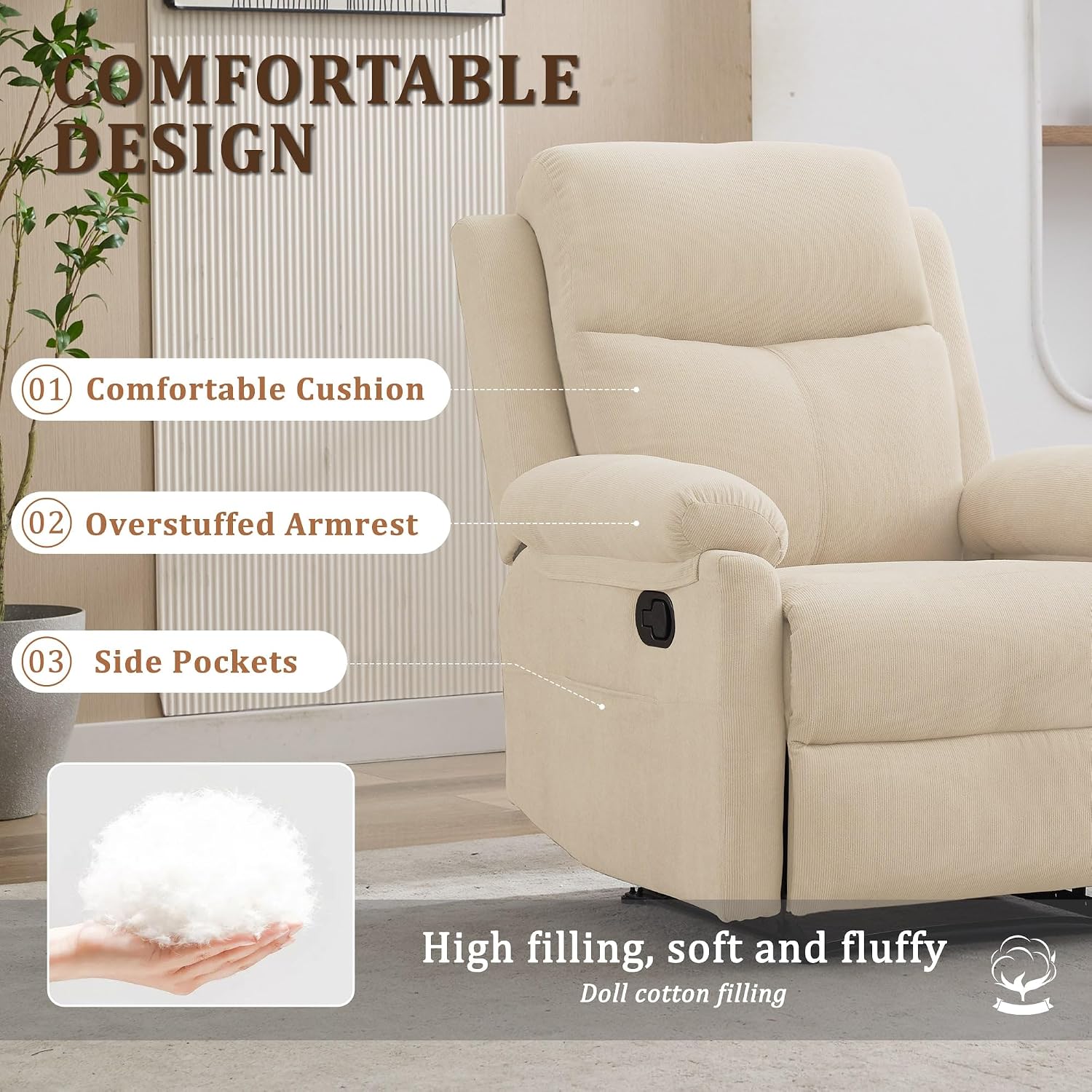 Korser Recliner Chair, Manual Recliner for Adults with Side Pocket, Small Recliners for Small Spaces, Adjustable Comfy Overstuffed Corduroy Reclining Chairs for Living Room, Reading, Bedroom, Beige