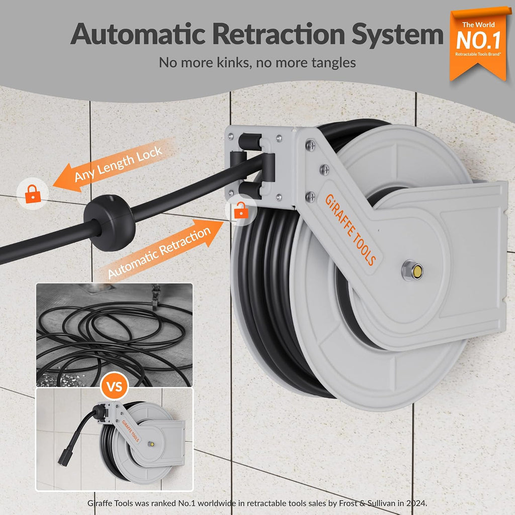 Giraffe Tools Pressure Washer Hose Reel with 65ft Replaceable Hose, Power Washer Retractable Hose Reel, Heavy Duty, Wall/Floor Mounted, 3200 PSI