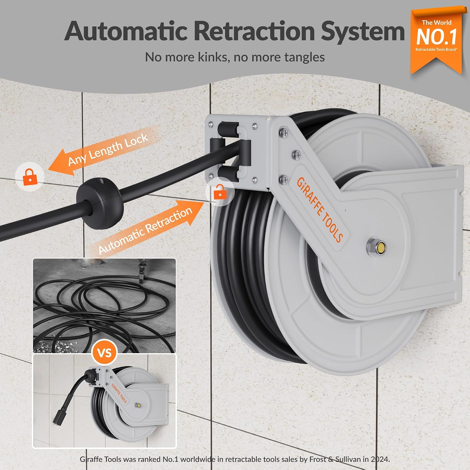 Giraffe Tools Pressure Washer Hose Reel with 65ft Replaceable Hose, Power Washer Retractable Hose Reel, Heavy Duty, Wall/Floor Mounted, 3200 PSI