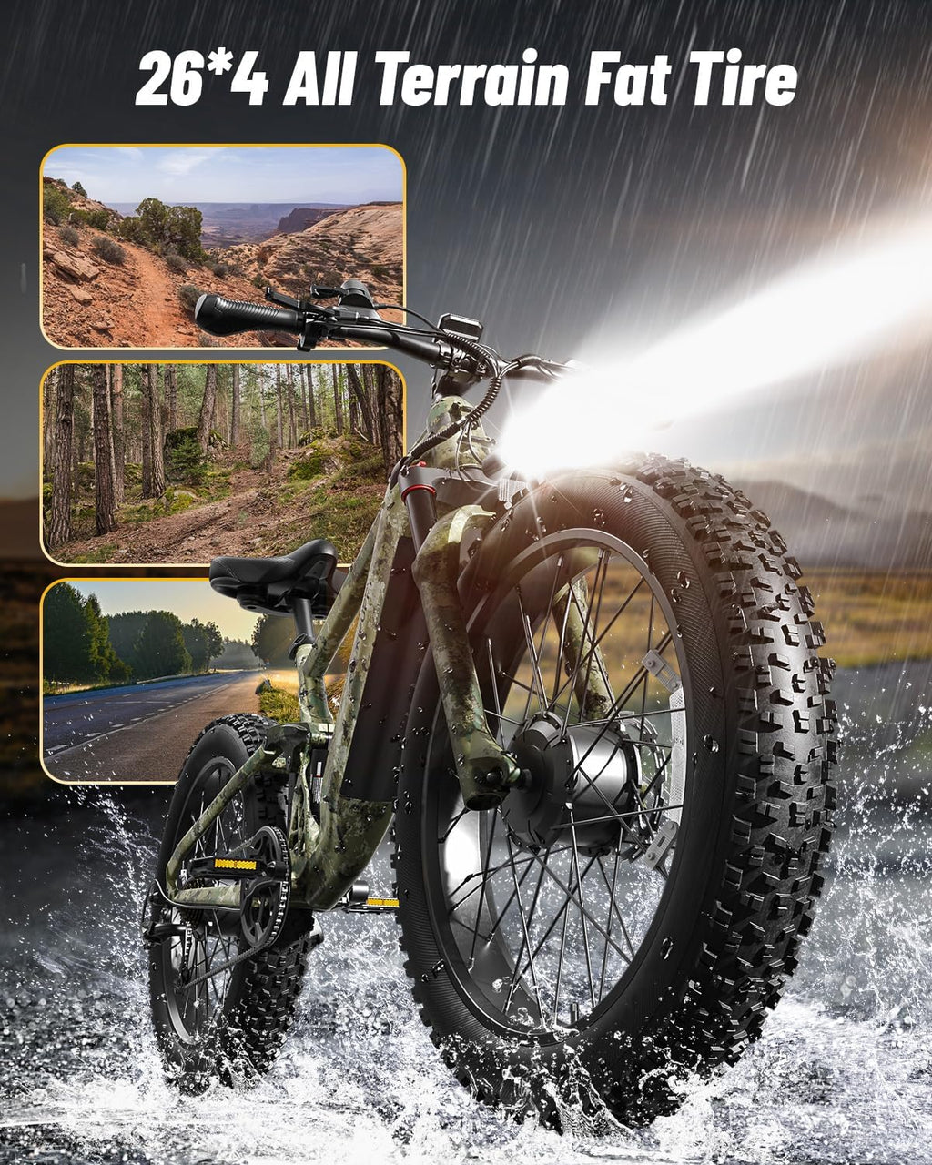 PUCKIPUPPY Dual Motor Electric Bike for Adults 1600W, Full Suspension Dual Hydraulic Disc Brake 26' Fat Tire E Bike, 48V 20AH Battery,8 Speed,28MPH 80Miles Range Mountain Electric Bicycle, GoldenR Pro