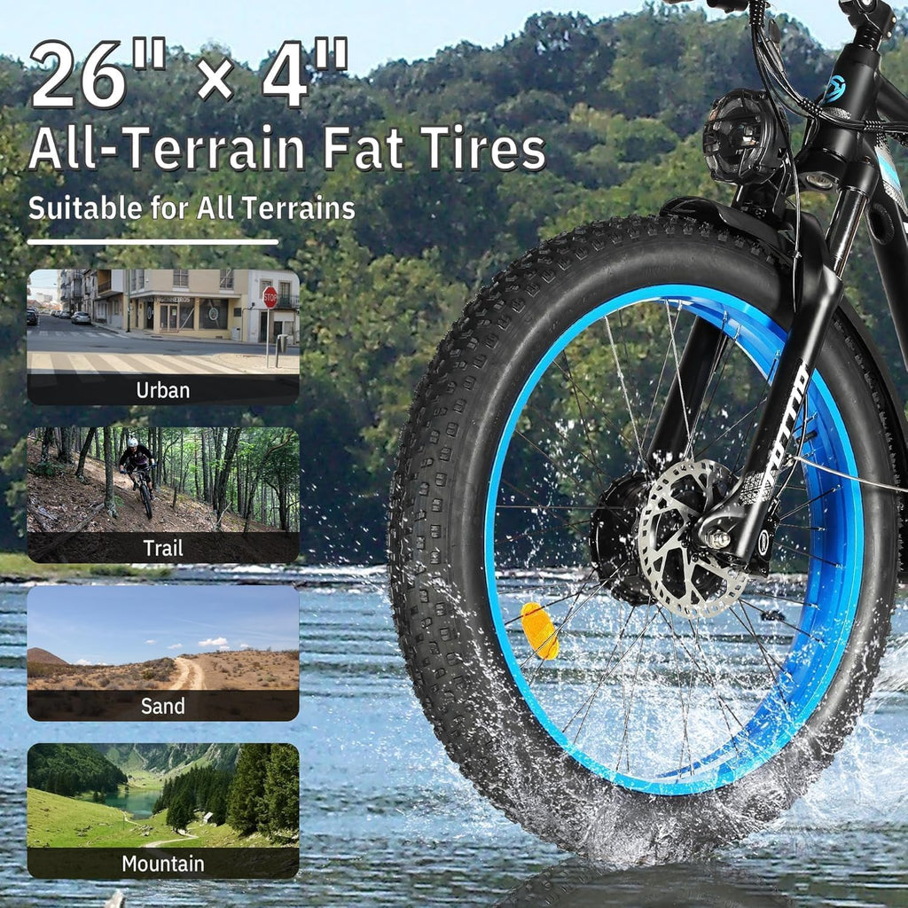 TUTTIO Adria26 5000W/6000W Dual Motor Ebike, 40-46MPH Electric Bike for Adults, 26' x 4' Fat Tire Electric Mountain Bike, 52V 25AH E-Bike Full Suspension Electric Dirt Bike for Off-Road Hunting