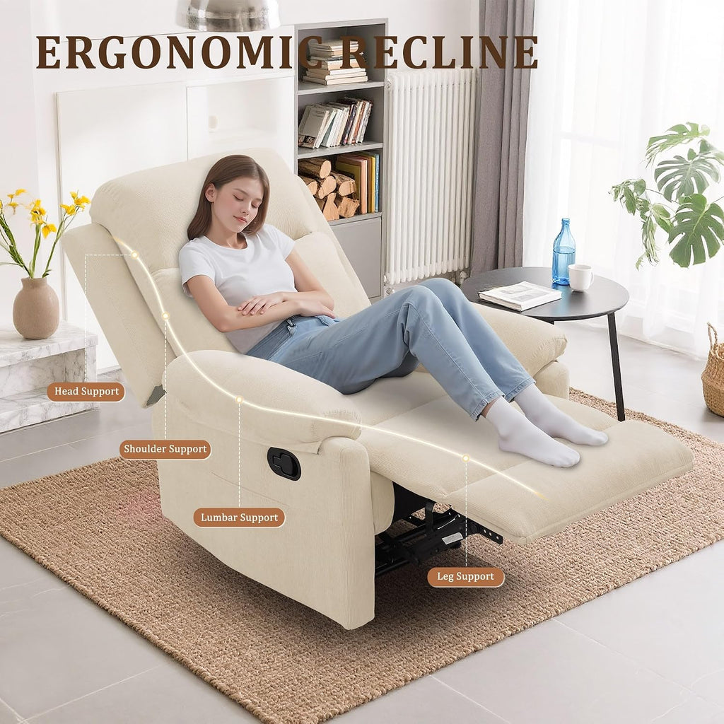 Korser Recliner Chair, Manual Recliner for Adults with Side Pocket, Small Recliners for Small Spaces, Adjustable Comfy Overstuffed Corduroy Reclining Chairs for Living Room, Reading, Bedroom, Beige