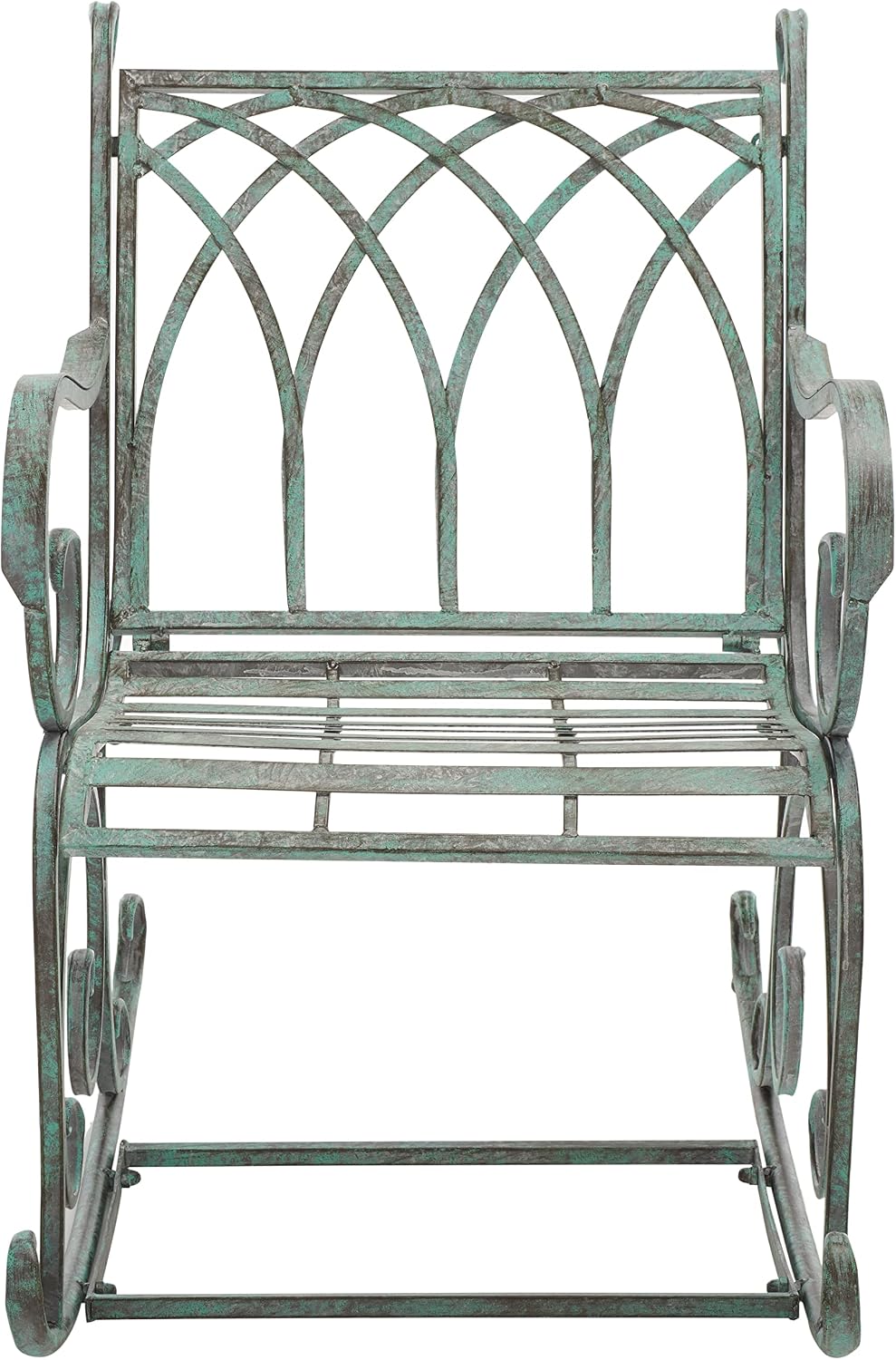 SAFAVIEH Outdoor - Medrano Iron Rocking Chair - Antique Dark Green Iron Metal - Vintage Ornate Scrollwork Design - Ideal for Patio, Deck, Porch, Garden, 15' Seat Height (PAT5030D)