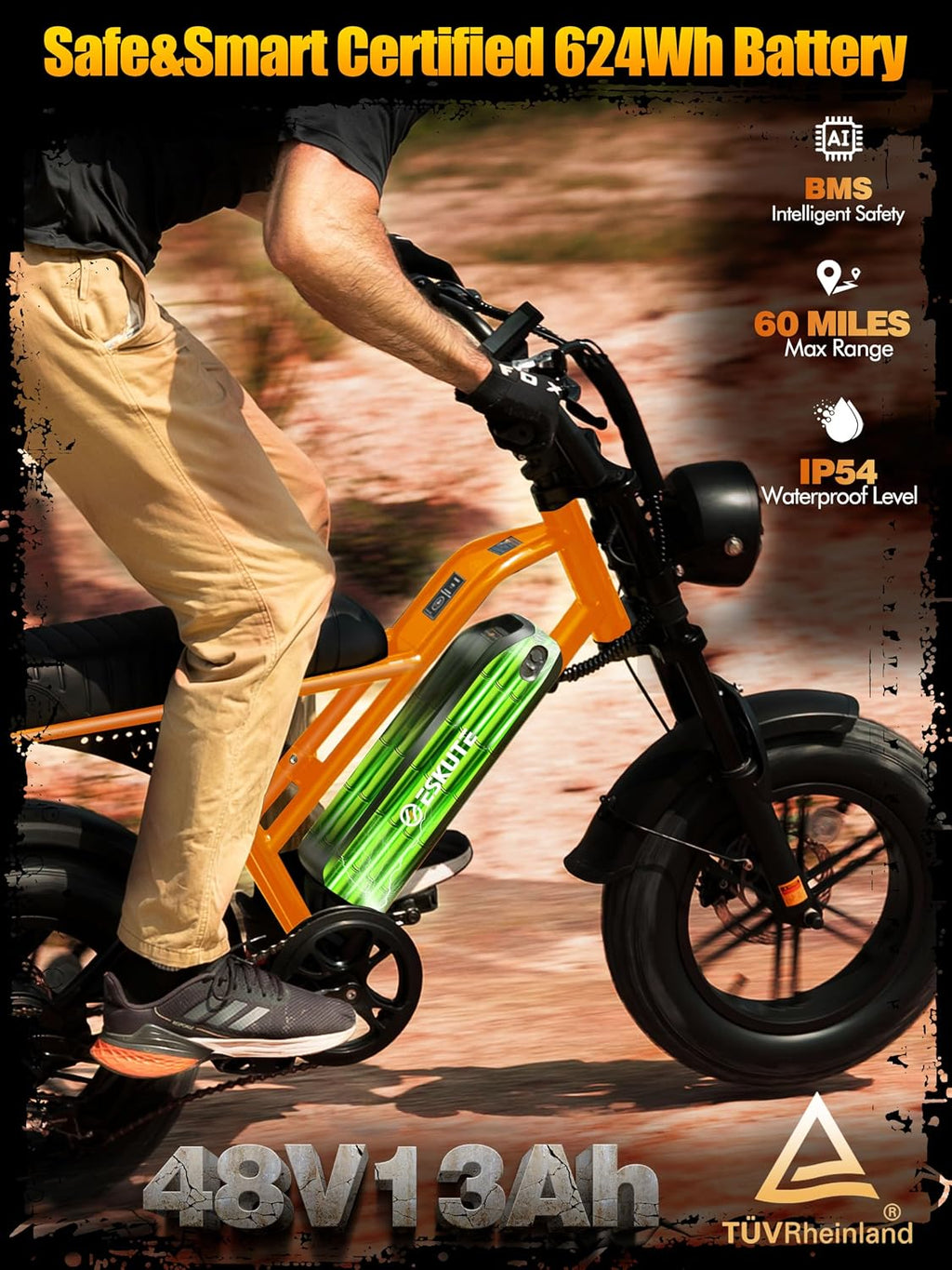 ESKUTE V100 Electric Bike for Adults, Electric Dirt Bike 1500W Peak Motor, All Terrain Dual Suspension E Bike 28MPH Top Speed, Ebike Up to 60 Miles Range, 16' Fat Tire, 48V13Ah Battery, 7-Speed