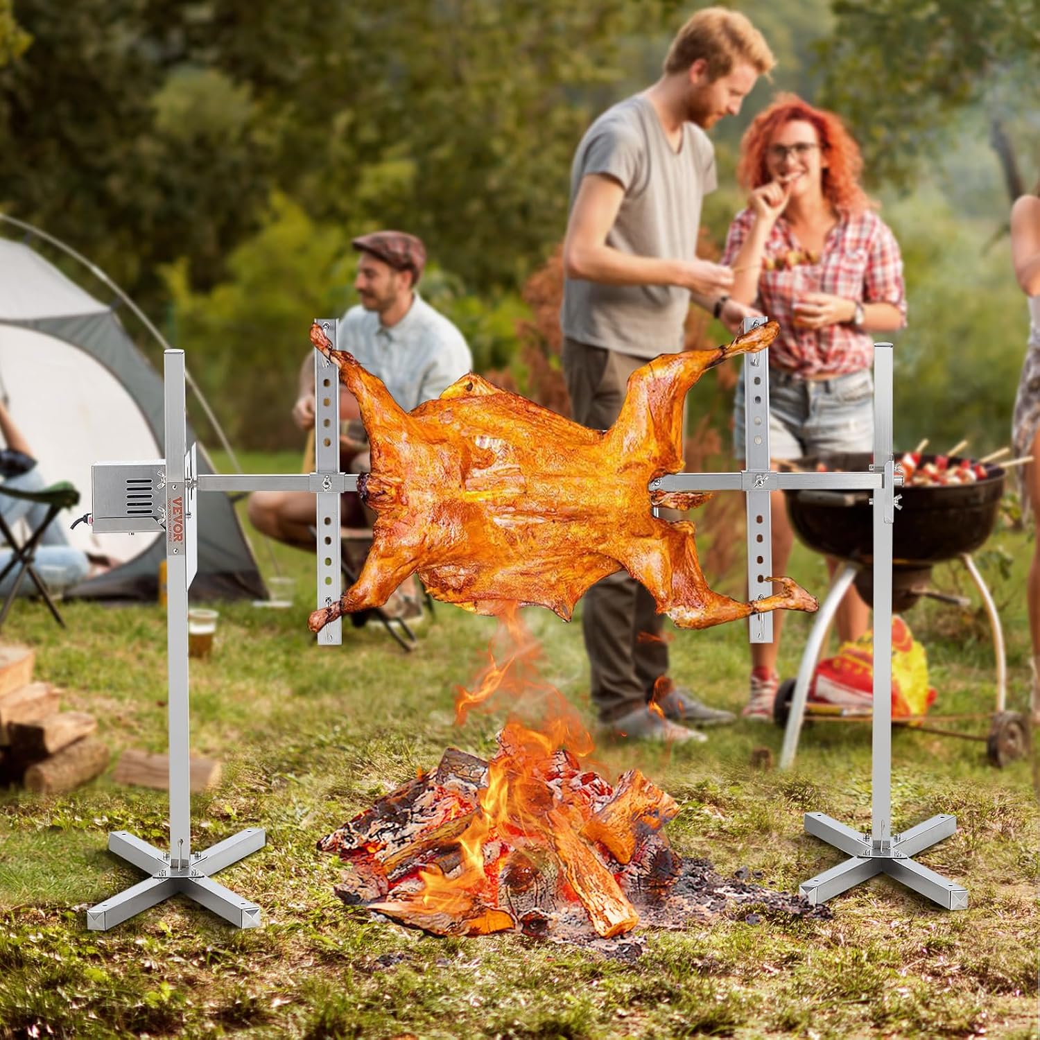 VEVOR Electric BBQ Rotisserie Grill Kit, 50 Inch 132 lbs Capacity, Automatic 52W Motor Height Adjustable Universal Roaster Stand, Stainless Steel Grilling Kit, Spit Rod with Heat Shield for Pig Lamb