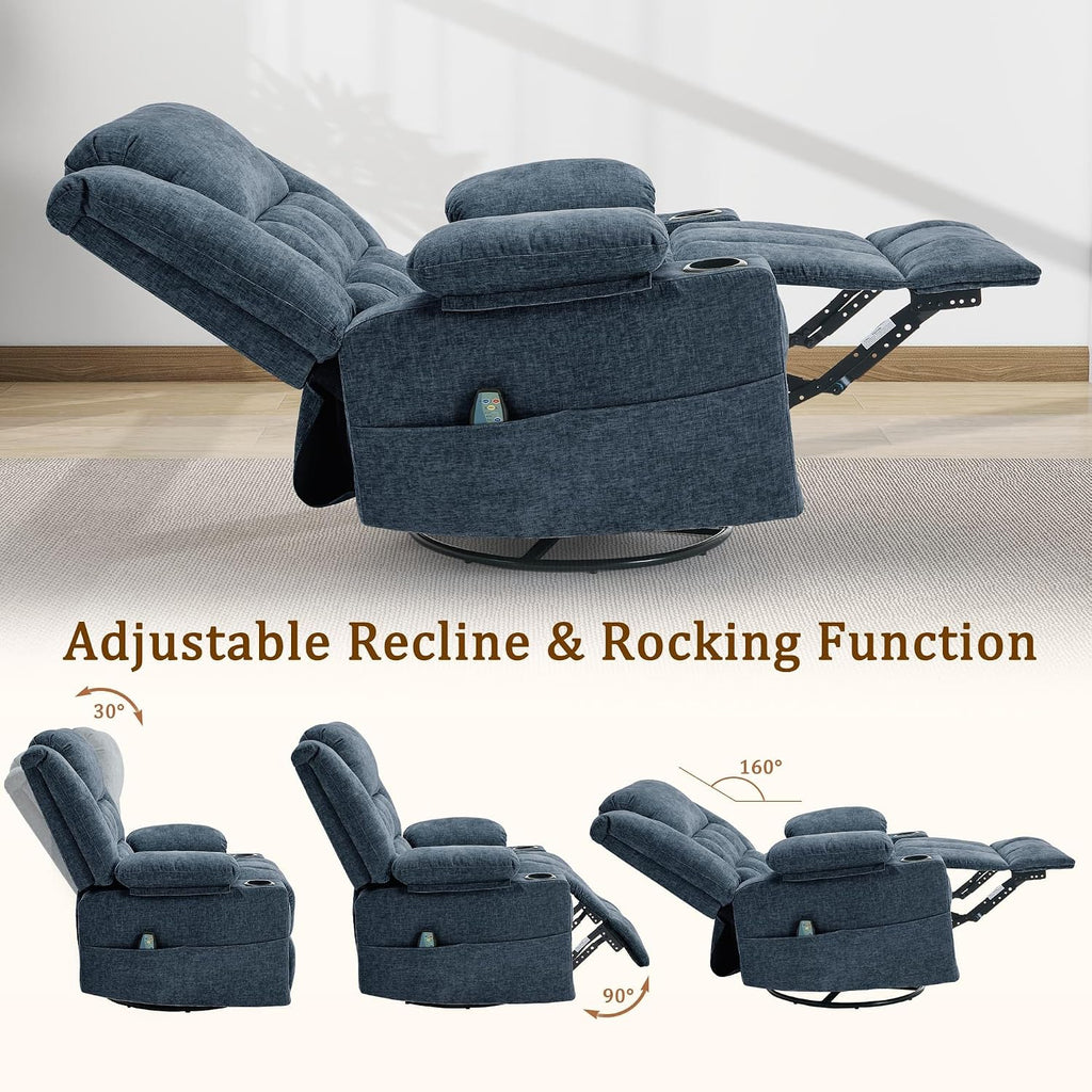 Korser 360° Swivel Rocker Recliner for Adults, Nursery Glider Recliner with Massage and Heating, Rocking Chair with Cup Holder, Manual Recliner Chair for Living Room, Bedroom (Fabric, Blue)