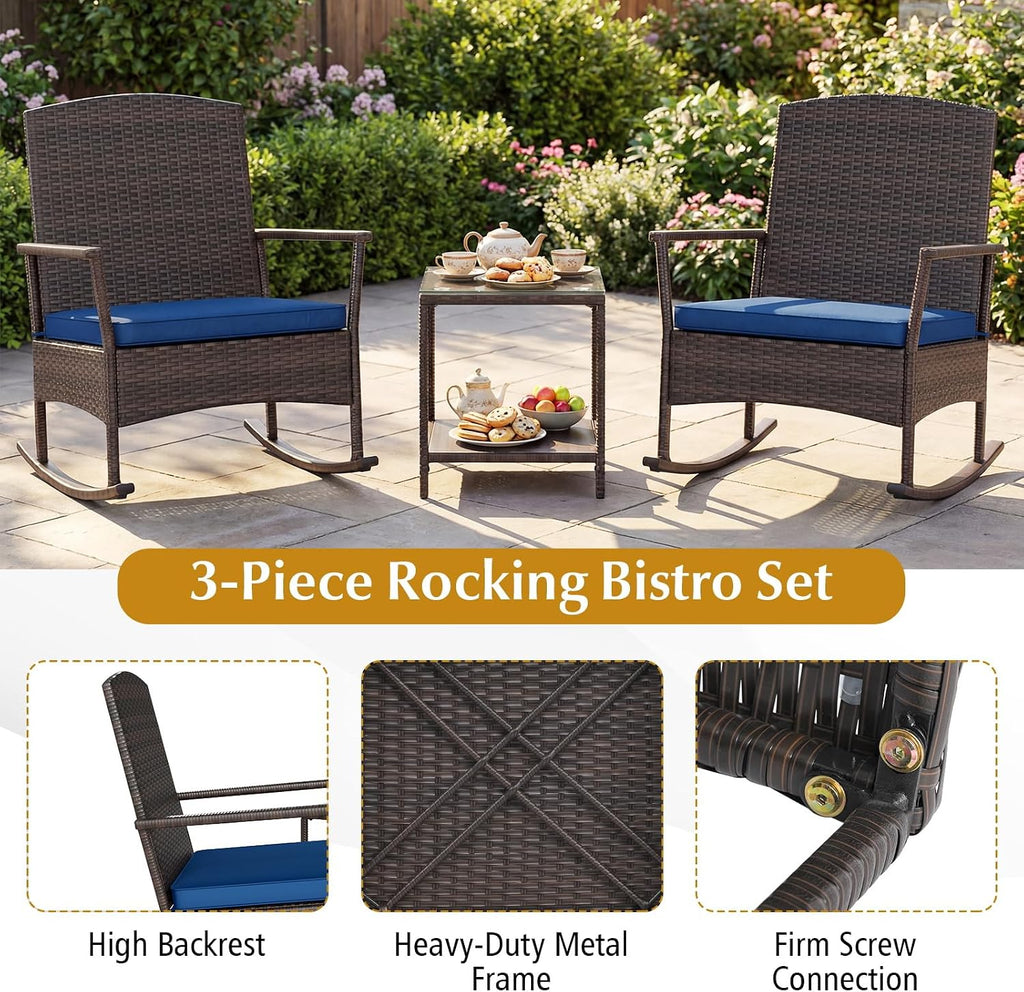 Tangkula 3 Pieces Rocking Wicker Bistro Set, Outdoor Front Porch Rocker Chairs Conversation Set with 2-Tier Tempered Glass Coffee Table and Thick Cushions for Garden, Balcony, Poolside (Navy)