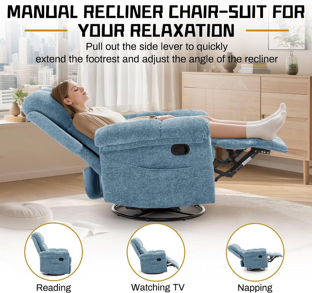 Korser Recliner Chair, Swivel Rocker Recliner Chair for Adults, Small Recliners for Small Spaces, Manual Recliner Chair with Side Pockets, Nursery Rocking Chair for Living Room, Chenille, Airy Blue