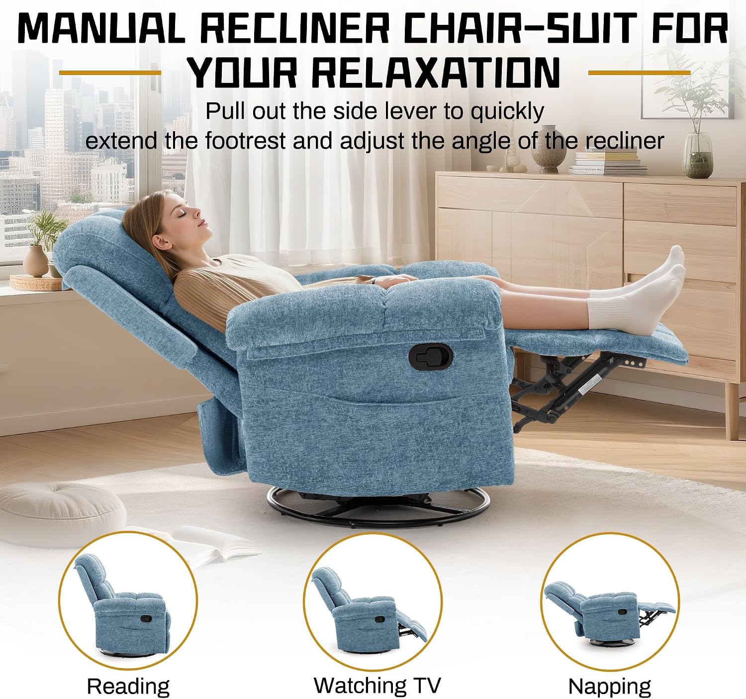 Korser Recliner Chair, Swivel Rocker Recliner Chair for Adults, Small Recliners for Small Spaces, Manual Recliner Chair with Side Pockets, Nursery Rocking Chair for Living Room, Chenille, Airy Blue