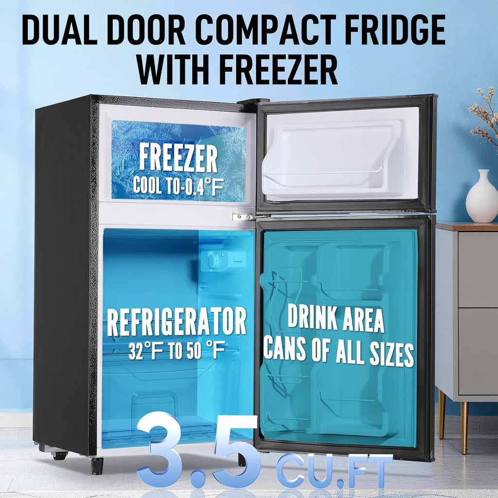 WANAI 3.5 CU.FT 2 Door Mini Fridge with Freezer Freestadning Small Refrigerator Features 7 Gear Mechanical Control, Side Bottle Rack, 2 Glass Removable Shelves, Crisper Drawer Black