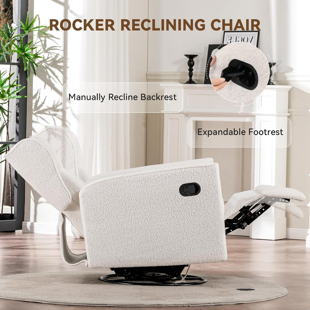 COMHOMA Nursery Rocking Chair Teddy Upholstered Swivel Rocker Recliner Manual Glider Reclining Chair for Living Room Bedroom Offices (Beige,1 PCS)