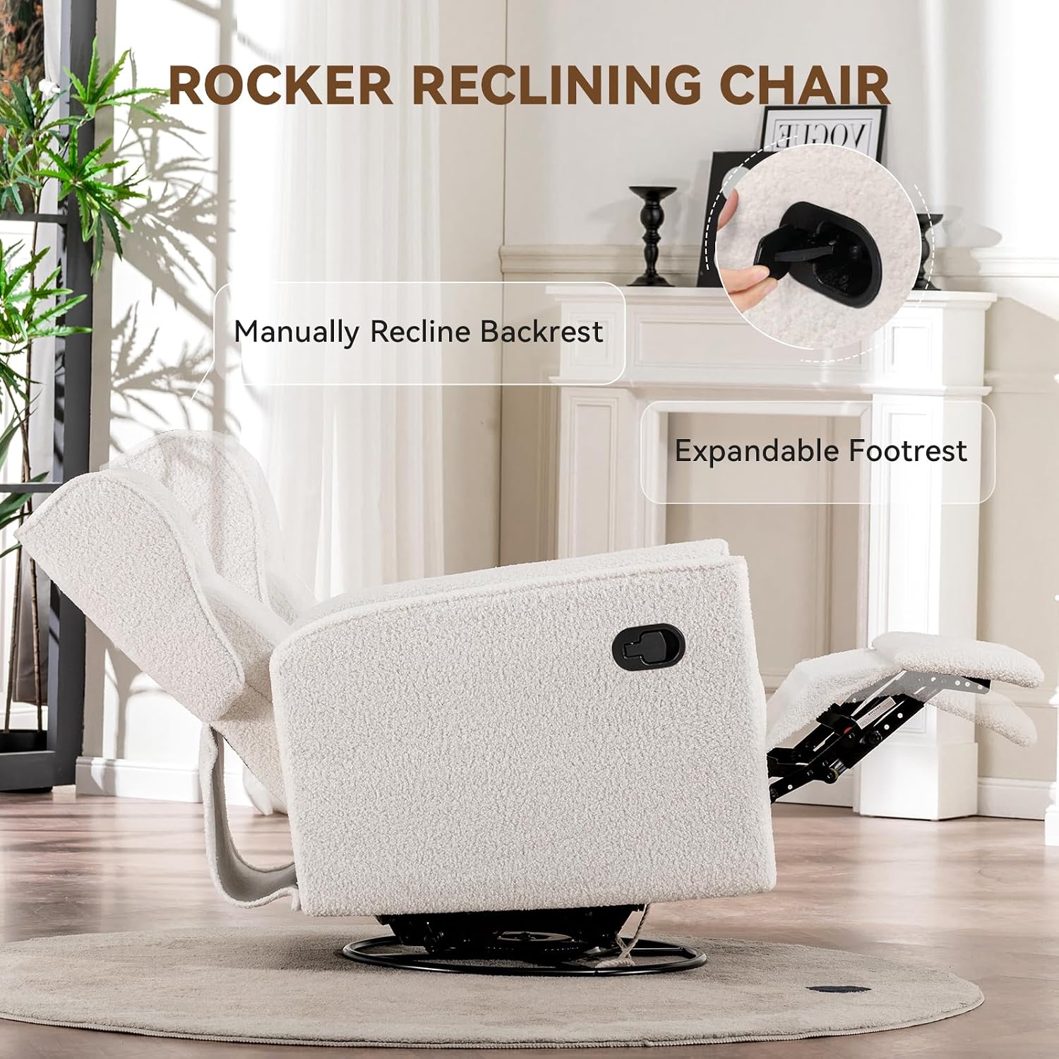 COMHOMA Nursery Rocking Chair Teddy Upholstered Swivel Rocker Recliner Manual Glider Reclining Chair for Living Room Bedroom Offices (Beige,1 PCS)