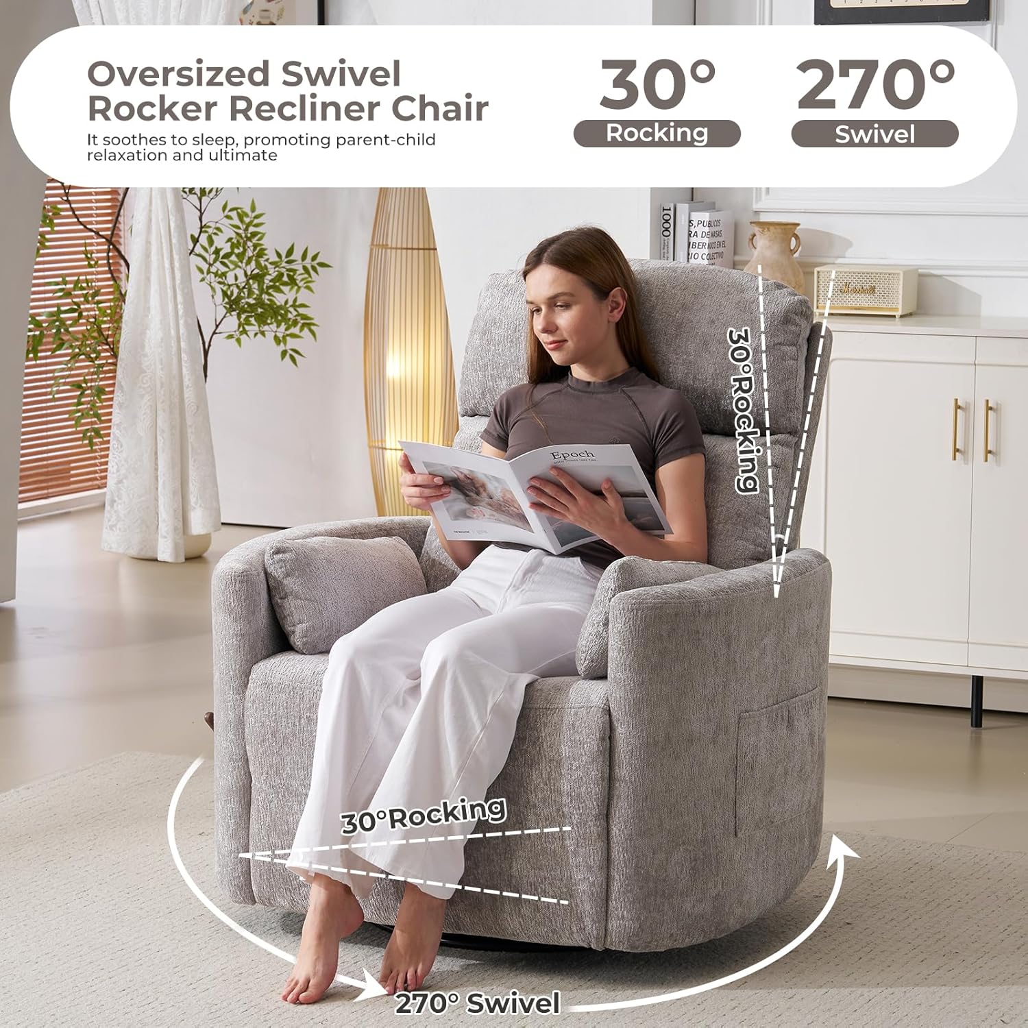 Oversized Swivel Rocker Recliner Chair with Massage and Heat, Manual Swivel Glider Rocker Recliner with 2 Bolster Pillows, Rocking Nursery Chair with Storage Ottoman , Adjustable Headrest, Light Grey