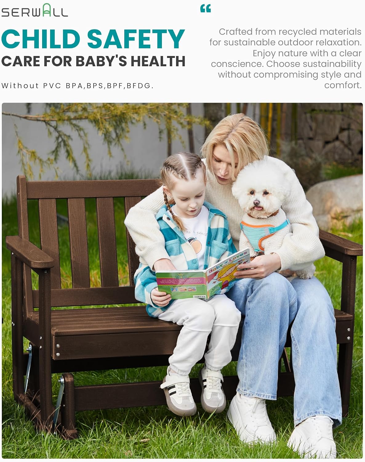 SERWALL Outdoor Glider Bench Set of 4, HDPE Weather-Resistant Swinging Bench for Backyard Garden Porch, Brown