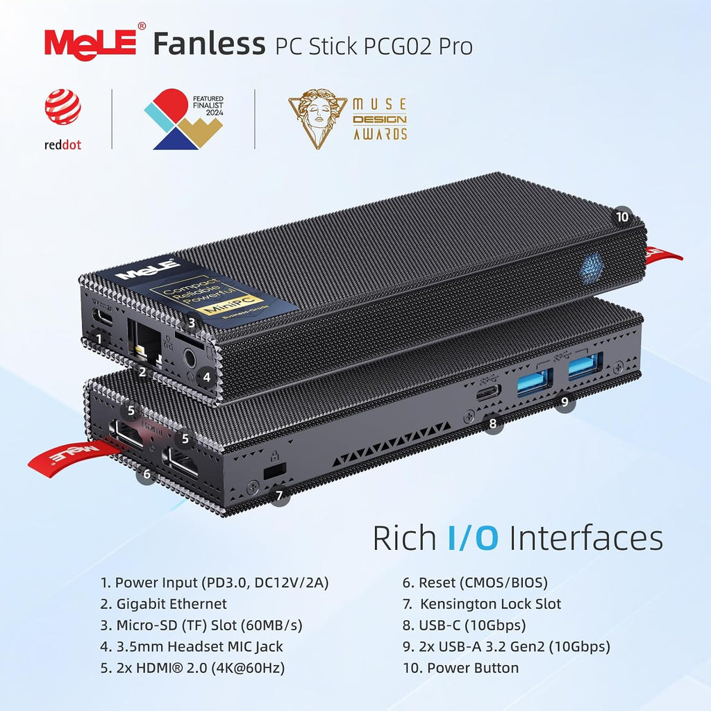 MeLE PCG02 Pro Fanless N100 Mini PC Stick 8GB LPDDR4x 128GB eMMC Win11pro Slim Micro Computer Stick Dual HDMI 4K Display WiFi 5 BT5.1 GbE, Support PD3.0 Protocol, on IoT, Digital Signage, MES, WMS