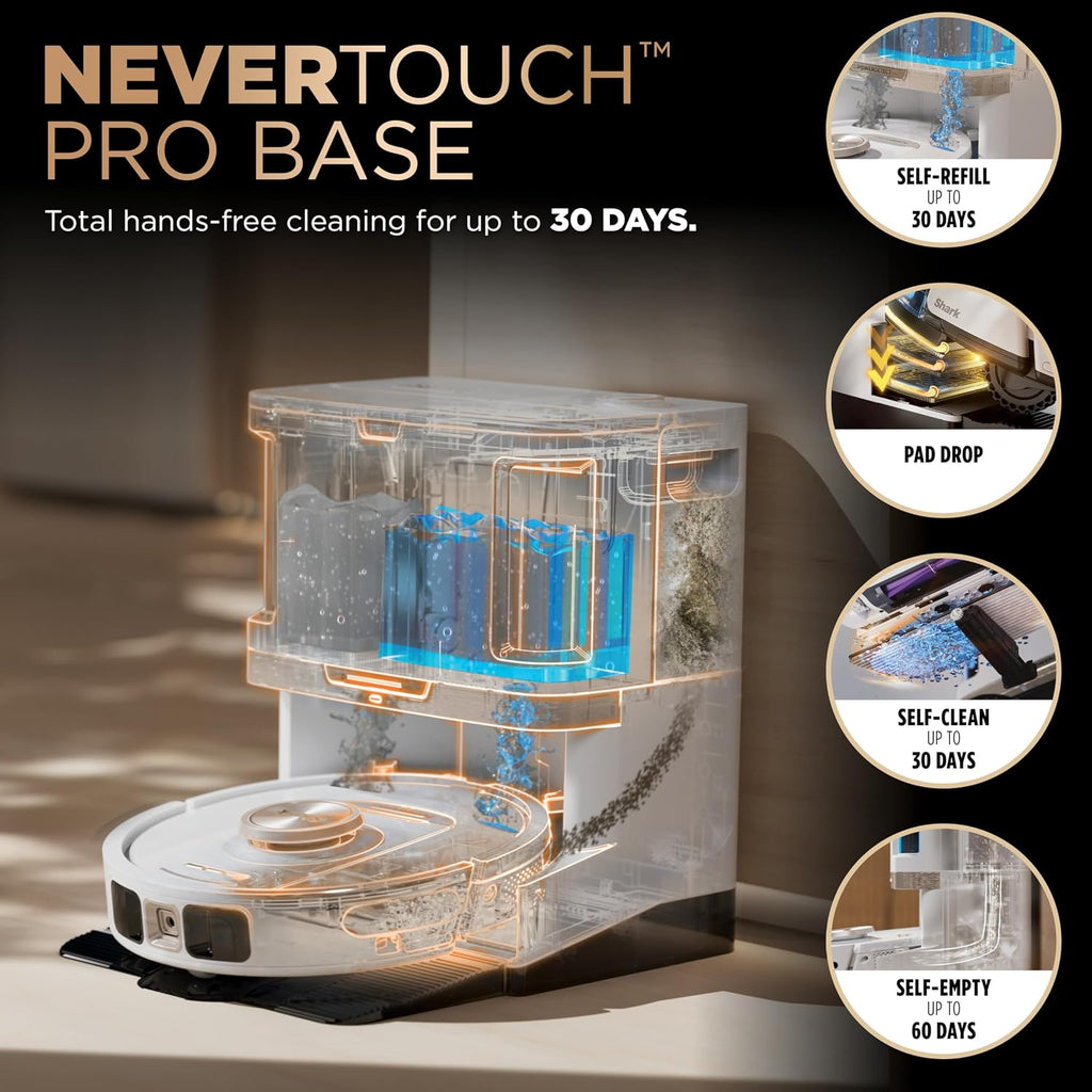 Shark Robot Vacuum & Mop Combo, PowerDetect NeverTouch Pro, Self-Emptying, Self-Refill with Self-Clean Pad Wash & Dry, 60-Day Debris Capacity, 30-Day Refill Tank, 5 Technologies, White, AV2810ZEWH