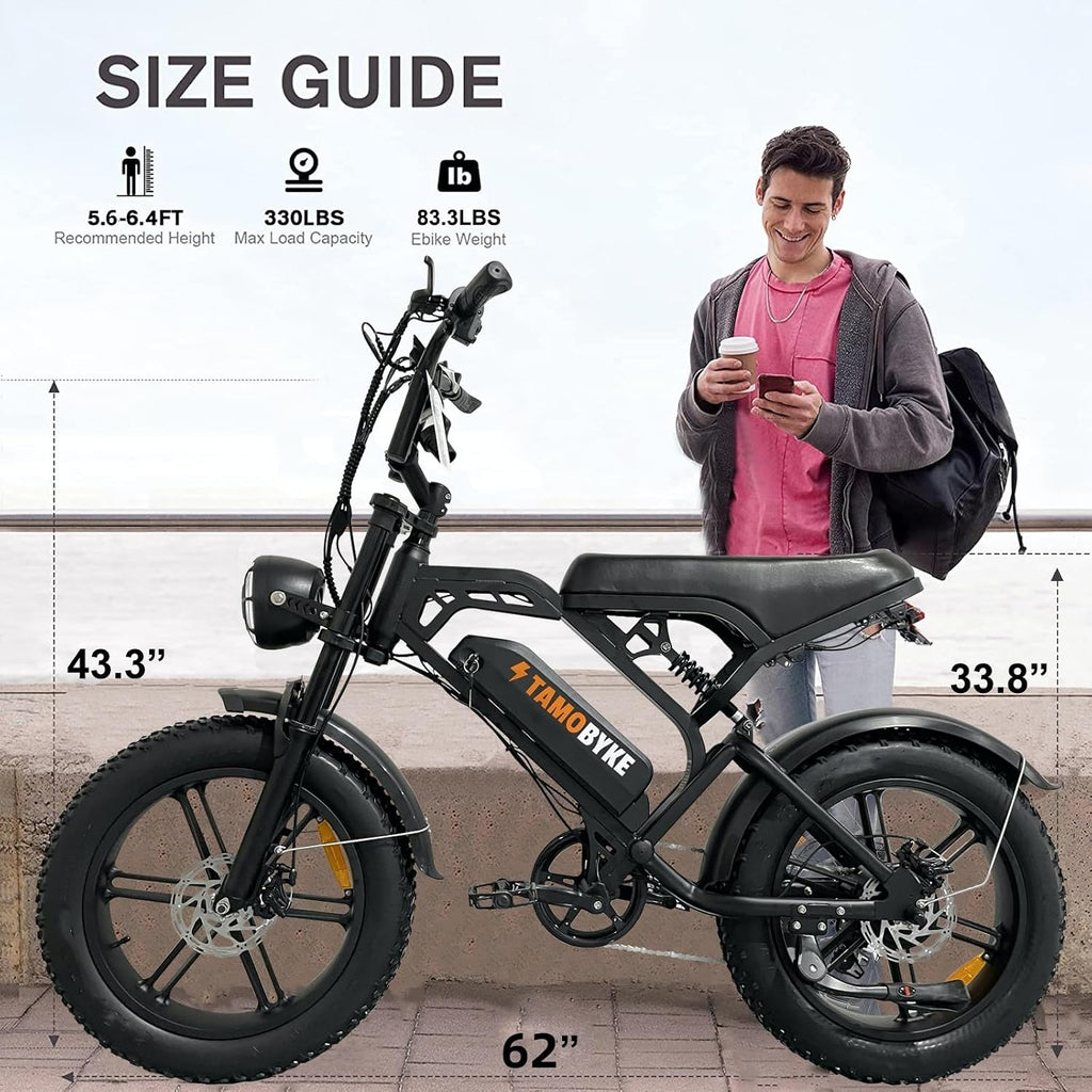 Tamobyke V20 Series Moped 750W/1500W Electric Bike for Adults,28mph/30mph/33mph Ebike&25-68Miles PAS Range,48V15.6ah/18.2ah/ (874Wh) Larger Battery, 20'' Fat Tire Electric Bike,UL 2849 Certified.
