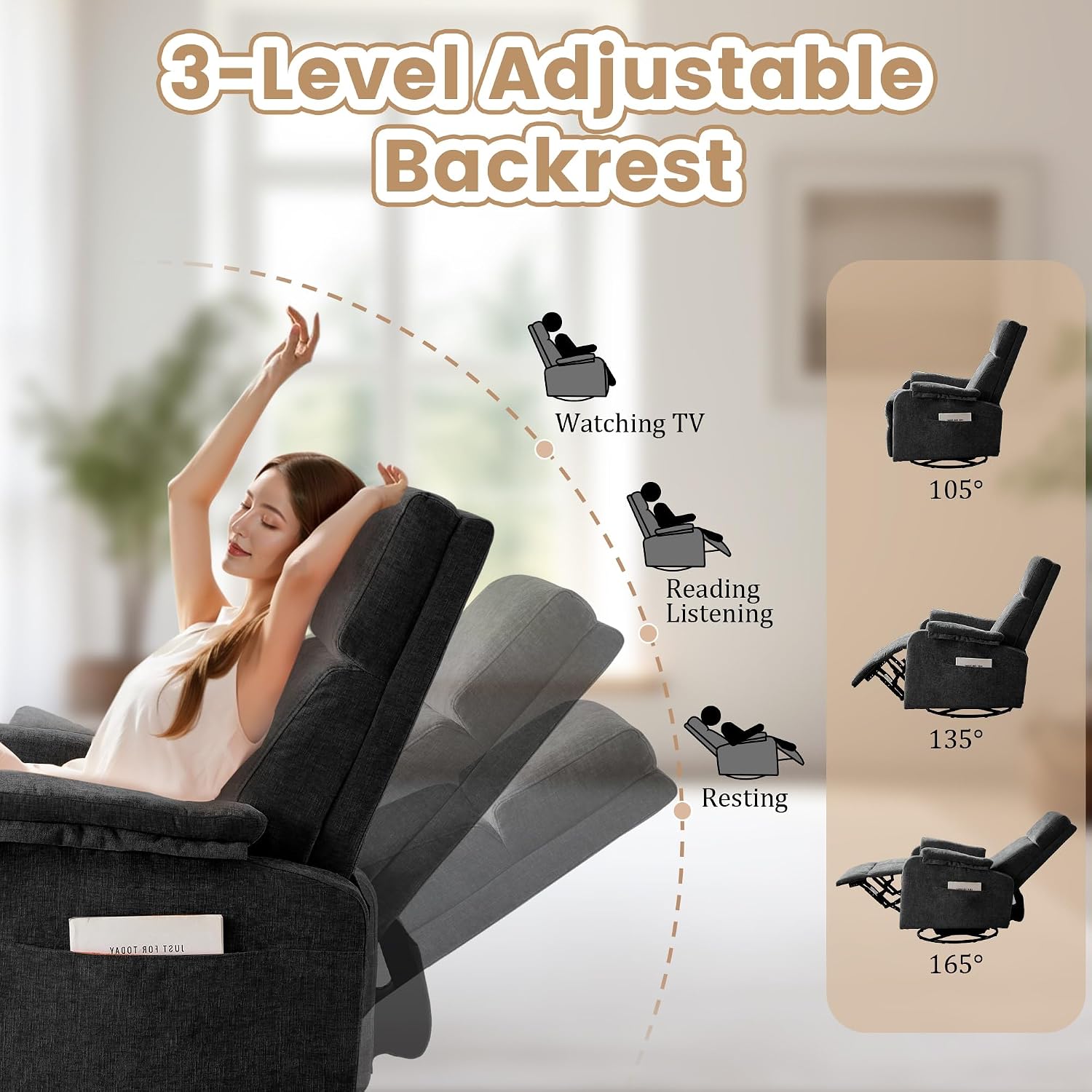 Korser Swivel Rocking Recliner with Massage, Small Glider Chair for Nursery, Modern-Designed Armrests Chair for Adults Living Room, Chenille, Black