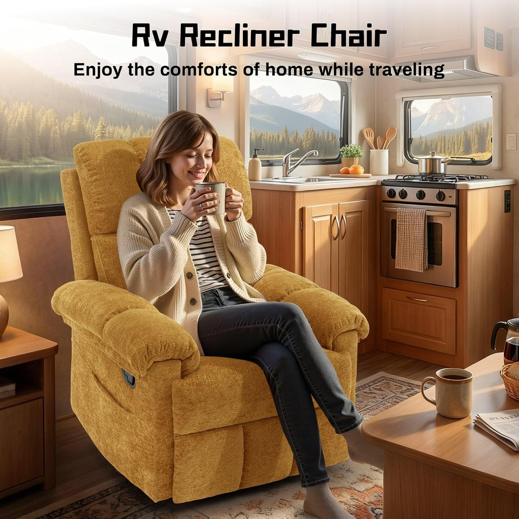 Korser Recliner Chair, Swivel Rocker Recliner Chair for Adults, Small Recliners for Small Spaces, Upholstered Manual Recliner with Side Pockets, Nursery Rocking Chair for Living Room, Chenille, Yellow