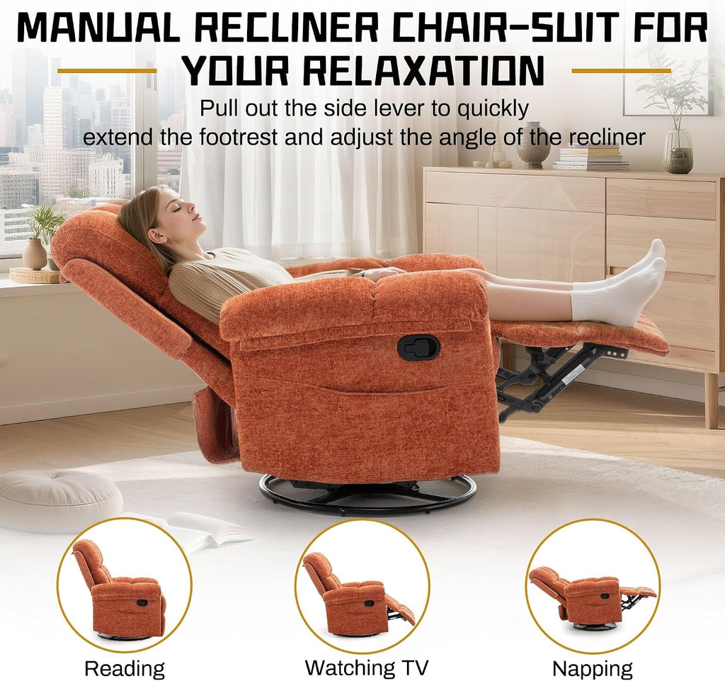 Korser Recliner Chair, Swivel Rocker Recliner Chair for Adults, Small Recliners for Small Spaces, Manual Recliner with Side Pockets, Upholstered Nursery Rocking Chair for Living Room, Chenille, Orange