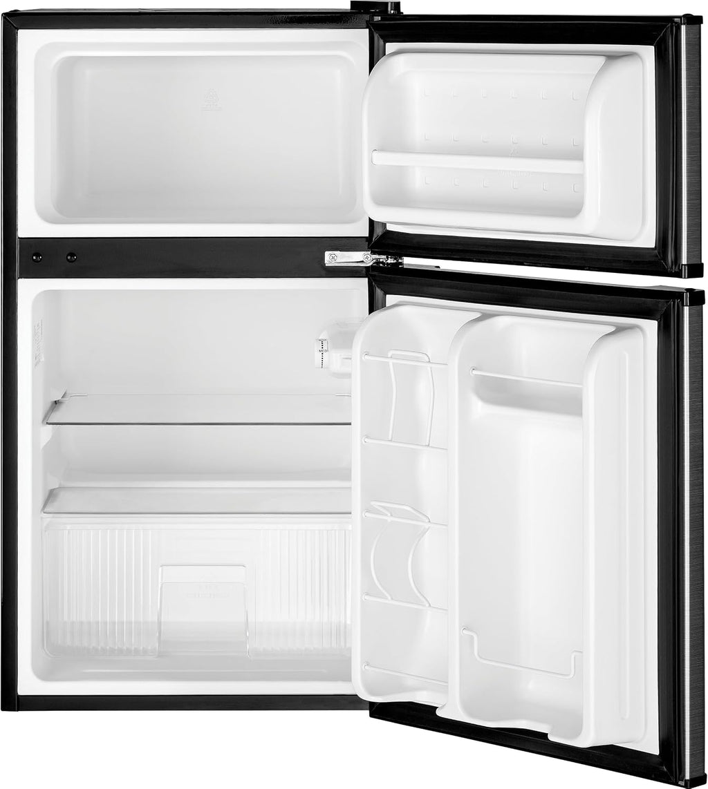 GE Mini Fridge With Freezer | 3.1 Cubic Ft. | Double-Door Design With Glass Shelves, Crisper Drawer & Spacious Freezer | Small Refrigerator Perfect for the Garage, Dorm Room, or Bedroom | Clean Steel