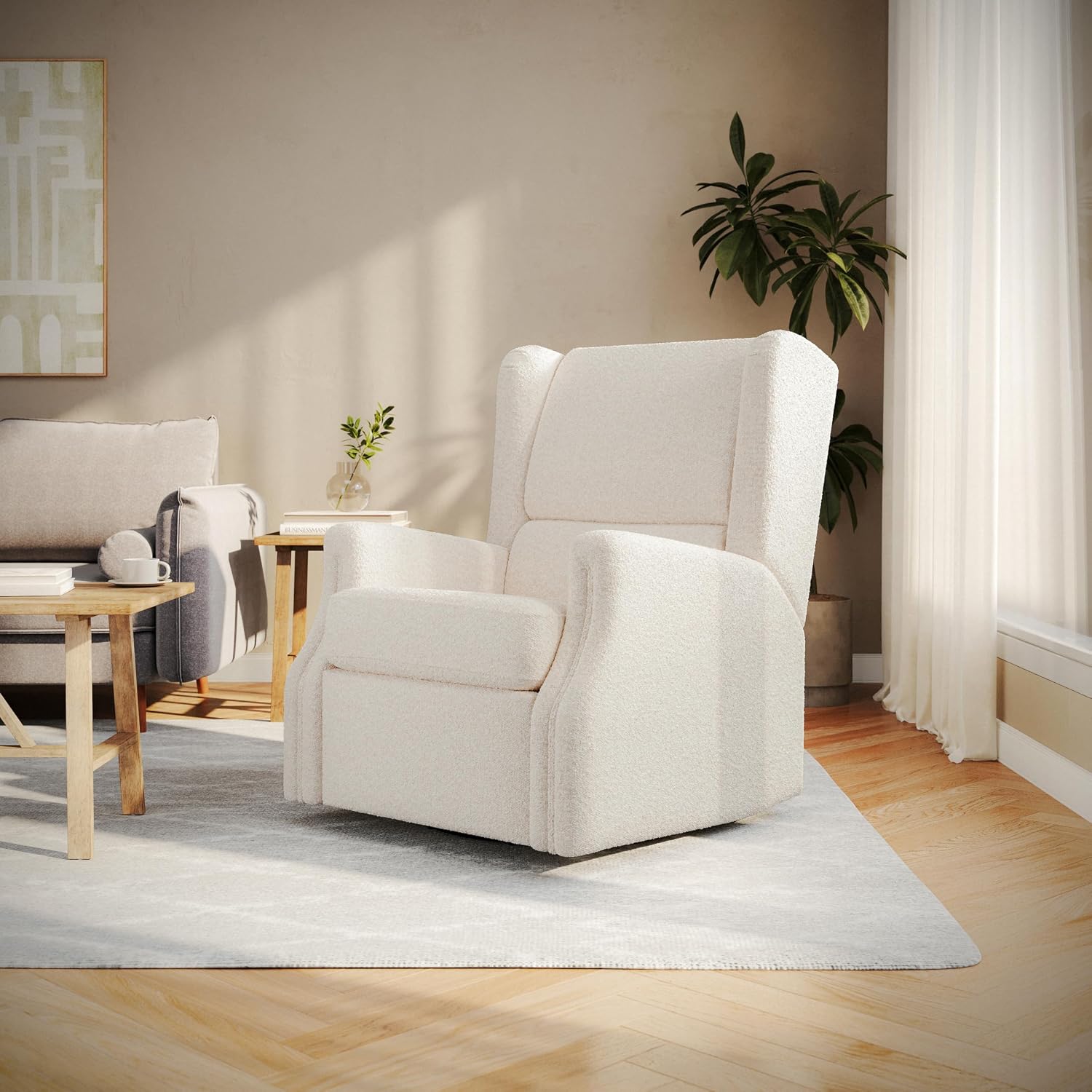 Flash Furniture Omma Swivel Glider Rocking Recliner, Manual Wingback Recliner with 360 Degree Swivel, for Living Room, Bedroom, or Nursery, Upholstered, Off-White Boucle
