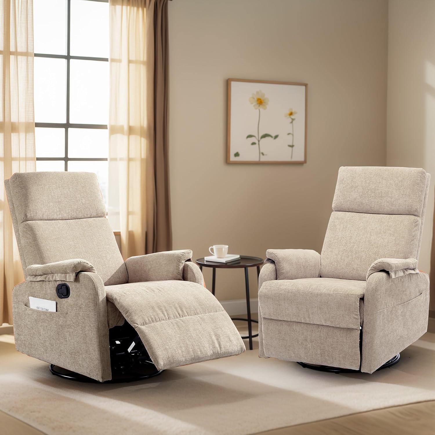 Korser Recliner Chair, Swivel Rocking Recliner Chair for Adults, Glider Rocking Chair, Small Nursery Chair Recliner for Living Room, Reclining Chair with Modern-Designed Armrests, Chenille, Khaki