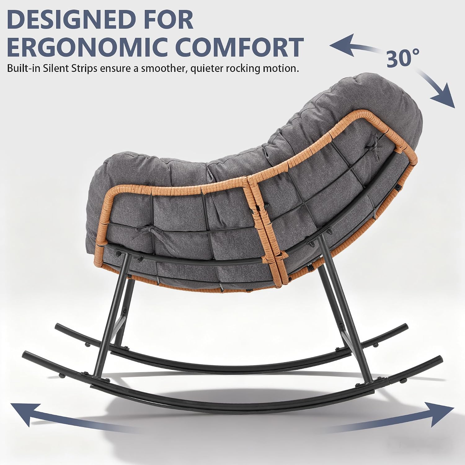 Youtanic Outdoor Rocking Chair, Oversized Papasan Reading Chair Indoor with Thick Cushion, Comfy Rattan Rocker Egg Chair for Patio, Garden, Balcony, Lawn, Backyard, Bedroom, up to 450lbs, Dark Gray
