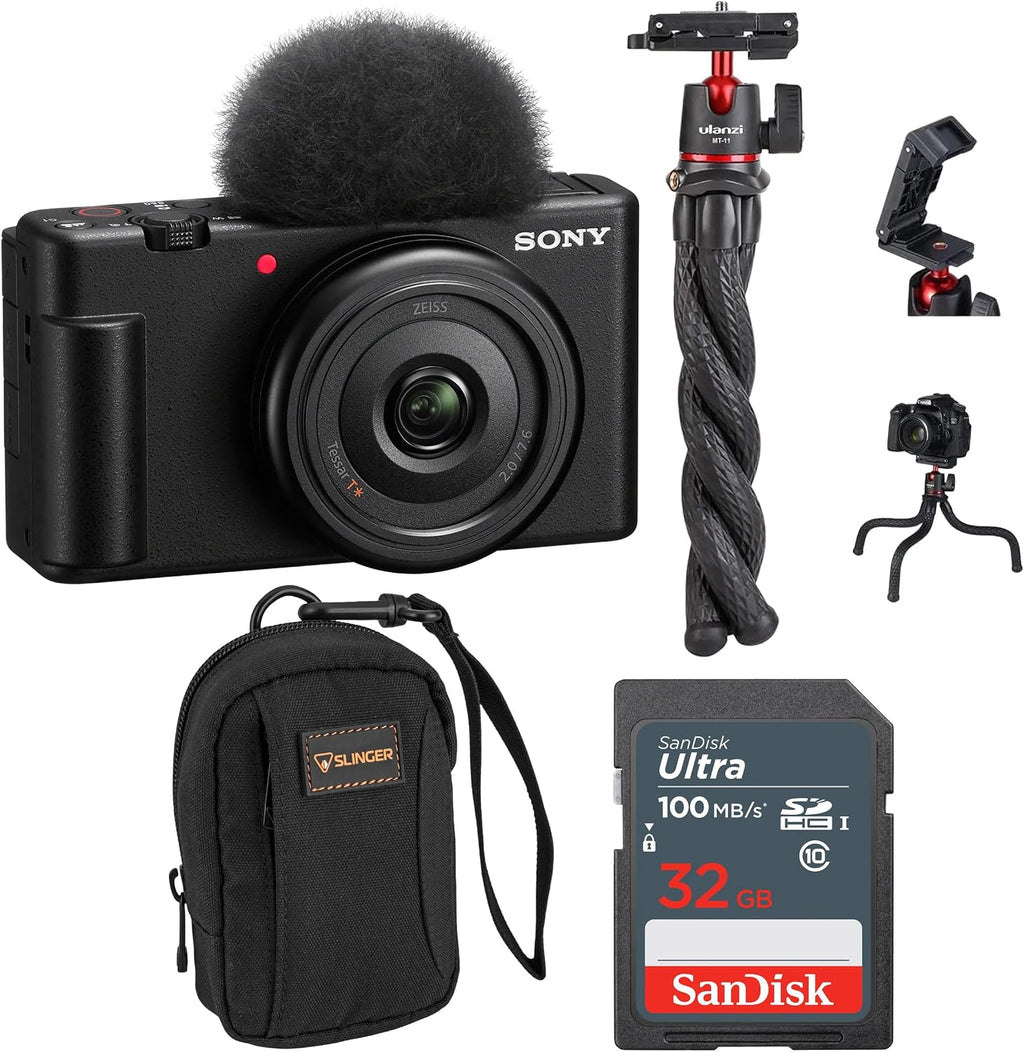 ZV-1F Vlogging Camera, Black, Bundle with Extreme 32GB SD Card, Camera Bag, Tripod, for Point and Shoot Camera, Complete Sony Digital Vlog Camera Kit, Sony 1-Year Warranty