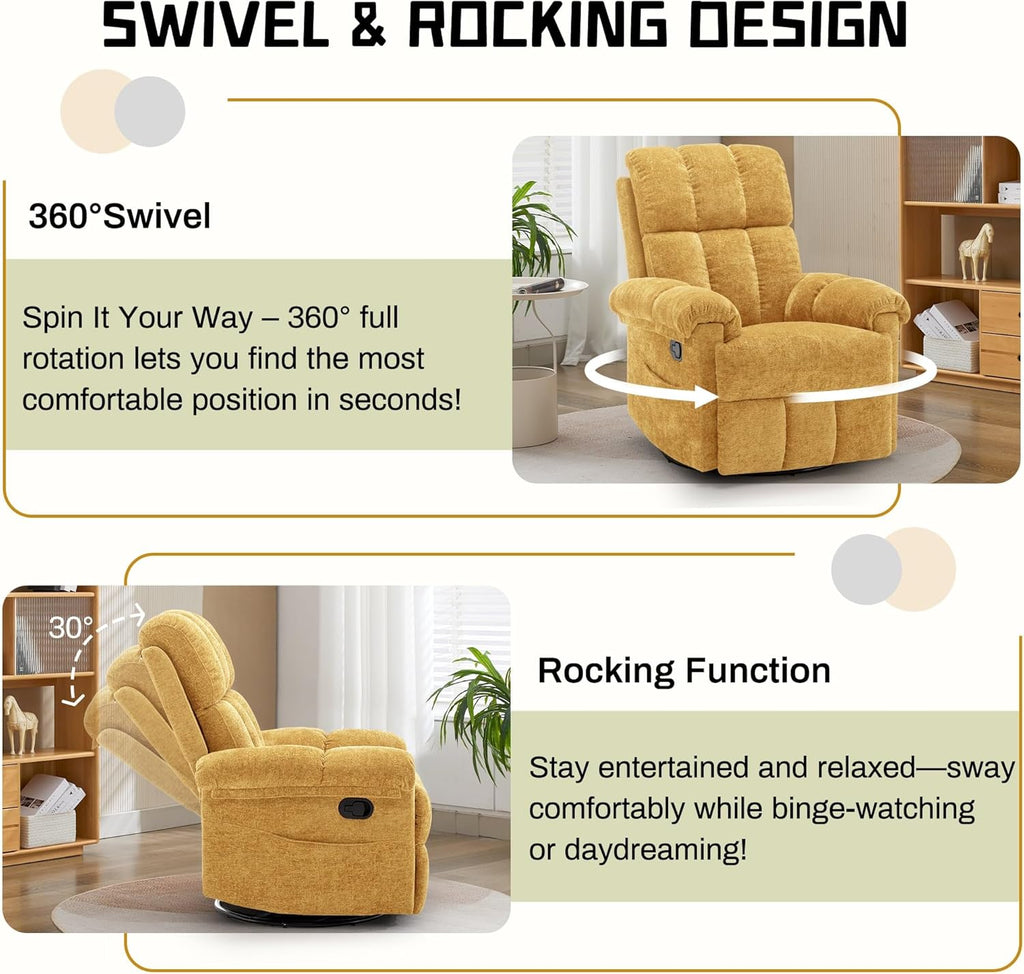 Korser Recliner Chair, Swivel Rocker Recliner Chair for Adults, Small Recliners for Small Spaces, Upholstered Manual Recliner with Side Pockets, Nursery Rocking Chair for Living Room, Chenille, Yellow