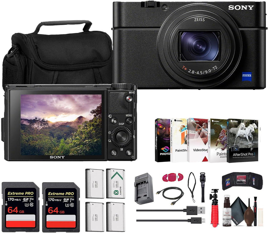 Sony Cyber-Shot RX100 VII Digital Camera (DSC-RX100M7) – 20.1MP 1-Inch Stacked CMOS Sensor | ZEISS 24–200mm Zoom Lens + 2 x 64GB Card + Case + 3 x NP-BX1 Battery + More