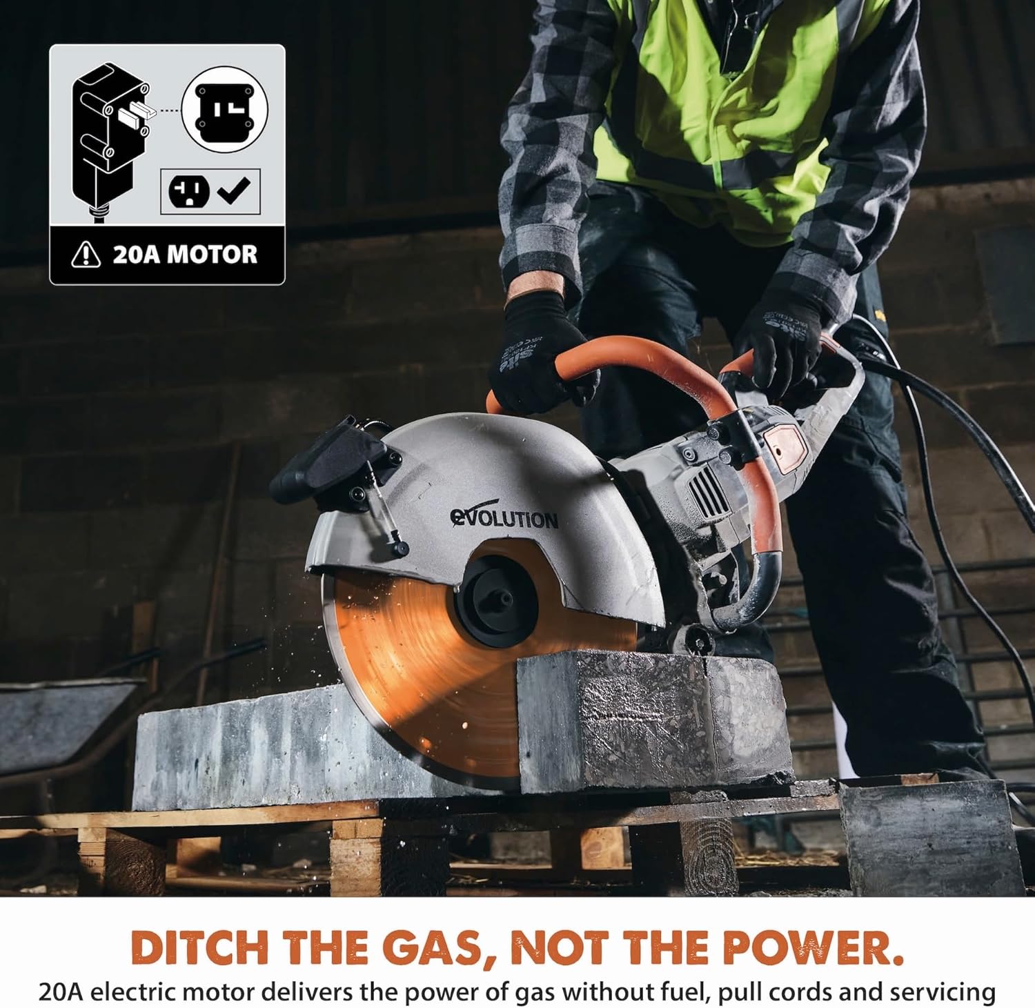 Evolution R14DCT 14' Electric Concrete Saw | High-Torque 20A Motor | 5-1/8' Cut Depth | Auto ON/OFF Dust Suppression | No Gas, Low Maintenance | 14' Diamond Blade | Heavy-Duty | 20A Plug