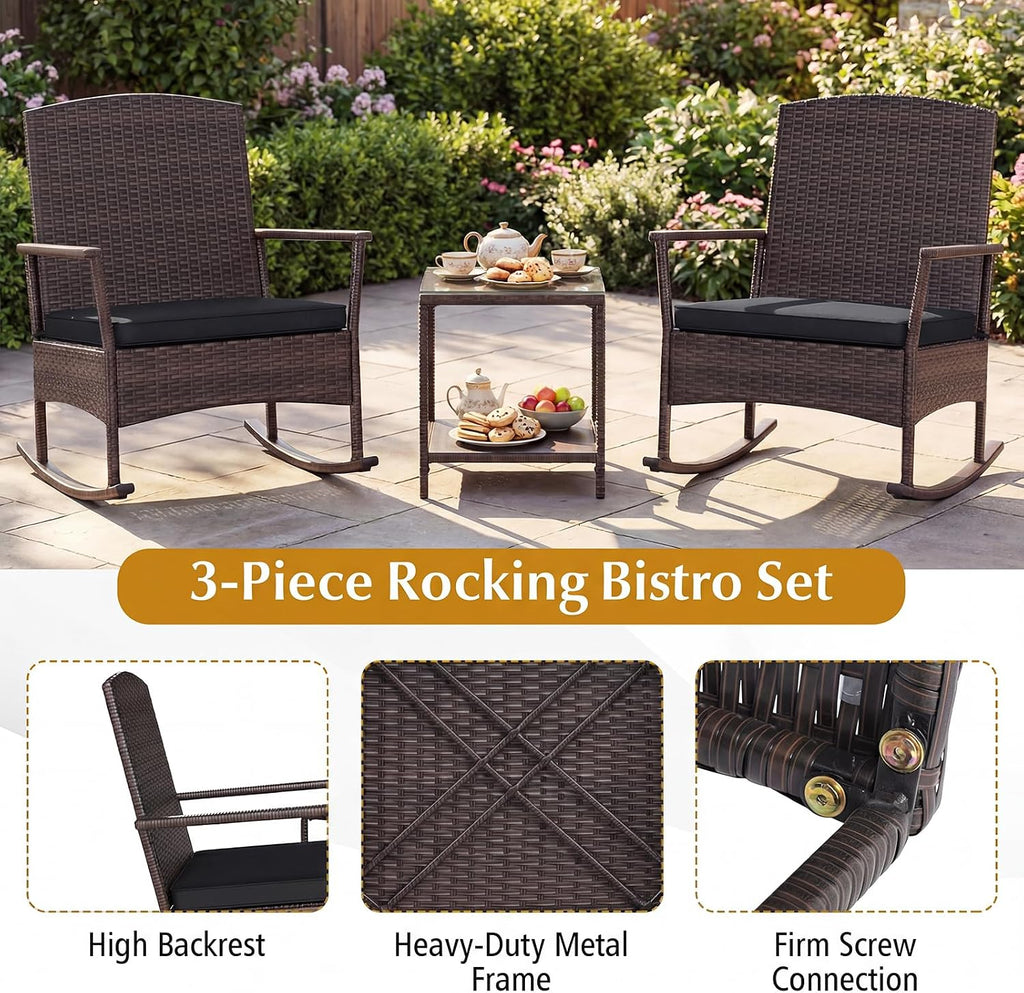 Tangkula 3 Pieces Rocking Wicker Bistro Set, Outdoor Front Porch Rocker Chairs Conversation Set with 2-Tier Tempered Glass Coffee Table and Thick Cushions for Garden, Balcony, Poolside (Black)