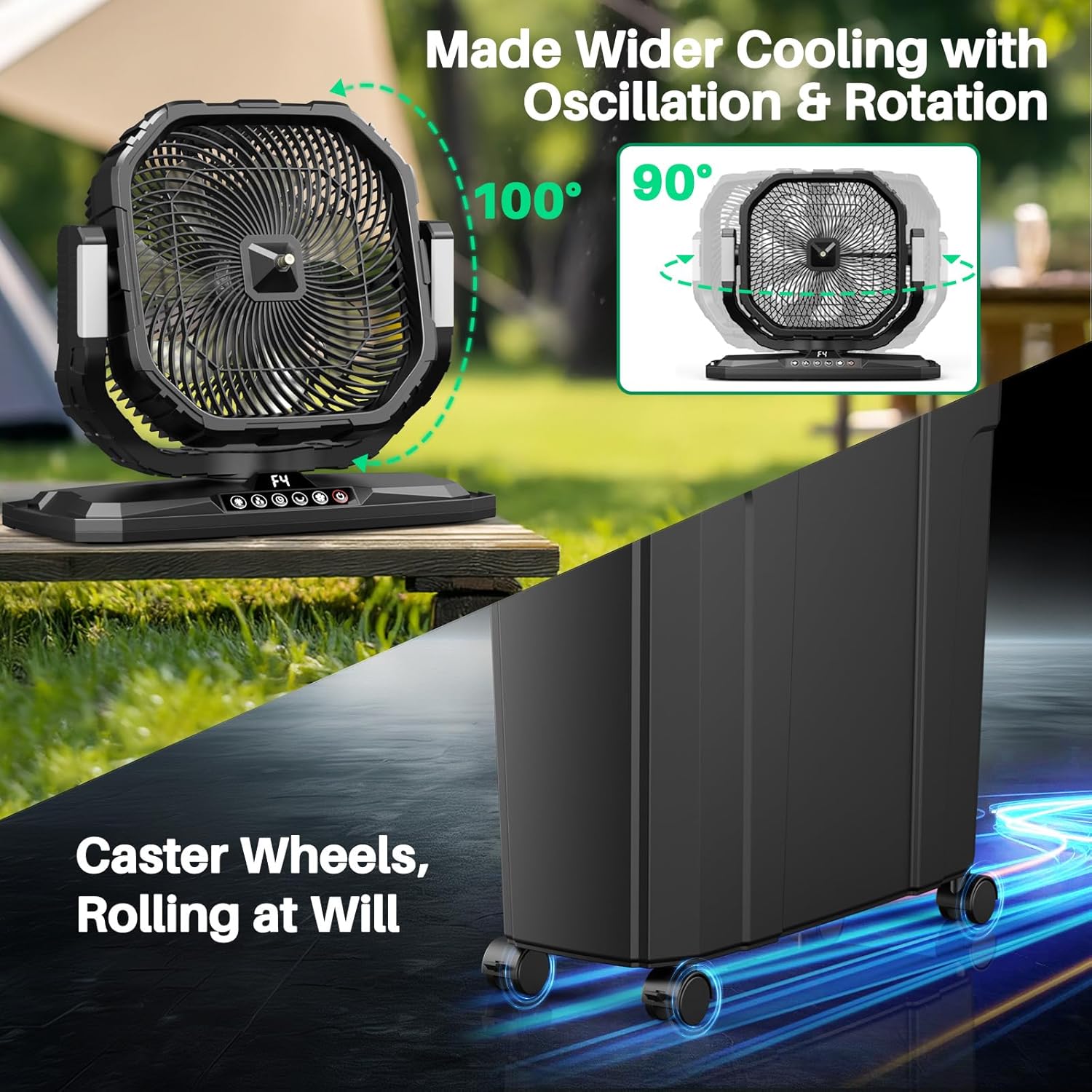 Ausic 12' 20L Portable Misting Fan, 30000mAh Fast Rechargeable Battery Water Cooling Fan, Oscillating Outdoor Fans with Adapter, LED Light, Timer, Caster, for Patios/Camping/Beach Summer Essentials