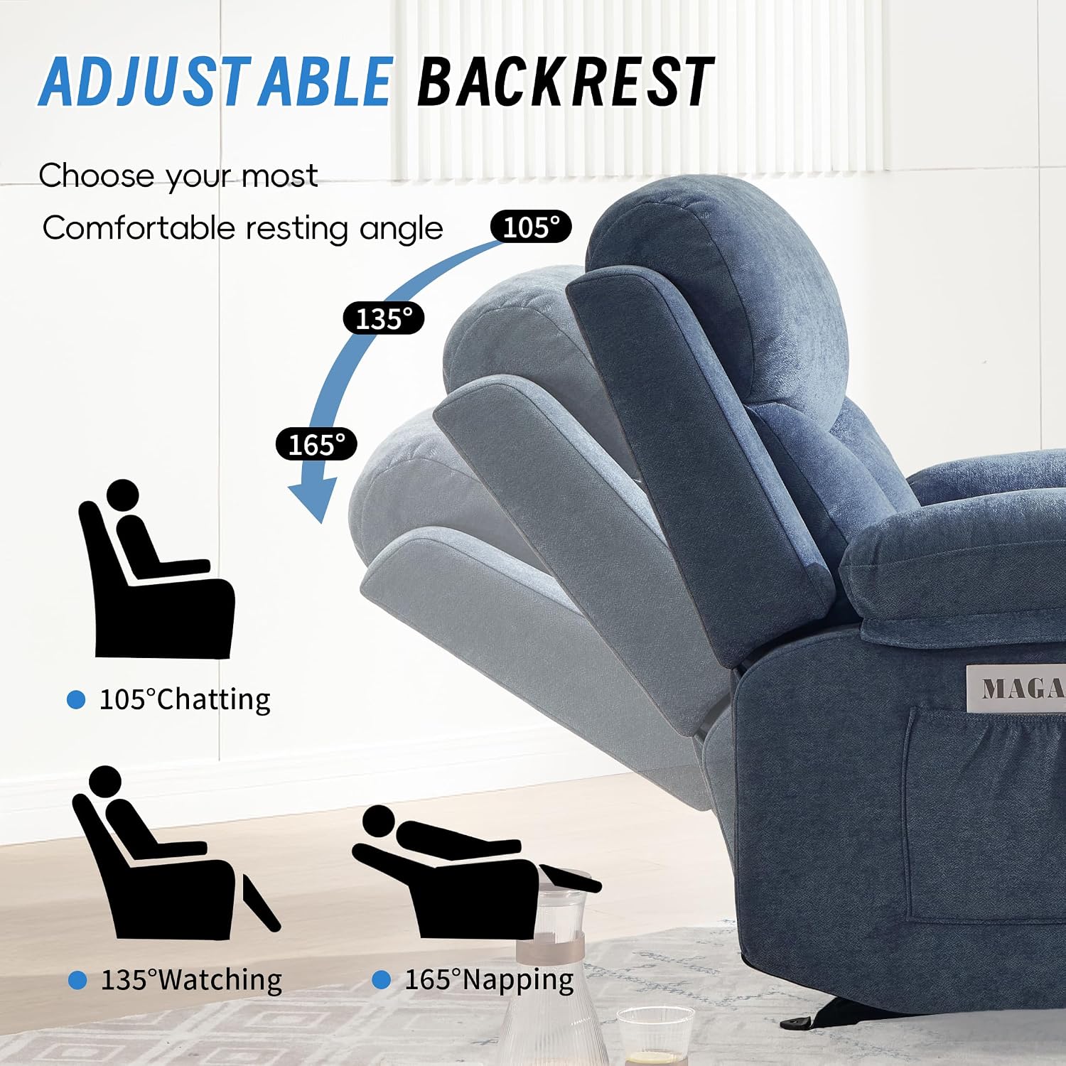 Manual Rocker Recliner Chair for Adults with Vibration Massage,Glider Rocking Recliner Chairs for Living Room Bedroom Overstuffed Reclining Sofa Chair with Pockets and Cup Holds (Navy Blue)