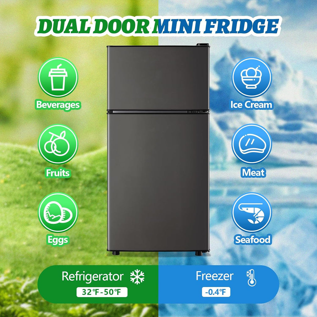 DEMULLER Mini Fridge with Top Freezer Apartment Size Dual Door Compact Small Refrigerator for Personal Use Small Mini Fridge with Egg tray, 7 Temperature Control For Dorm, Apatmet, Dark Grey