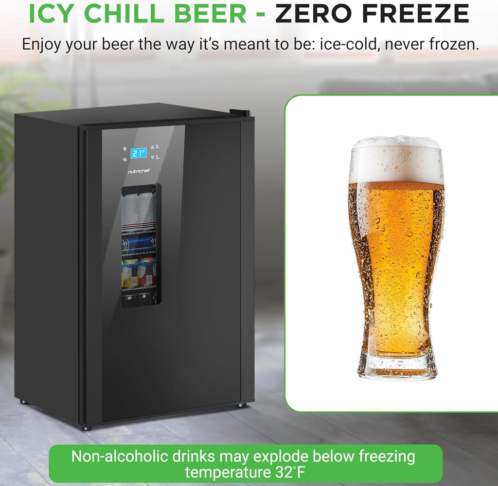 Nutrichef Beer Fridge 108 Can Capacity | Freestanding Beverage Refrigerator with Glass Door for Beer & Soda | Adjustable Temperature 21°F to 64°F | Adjustable Shelves | 19 x 17 x 33 IN | Black